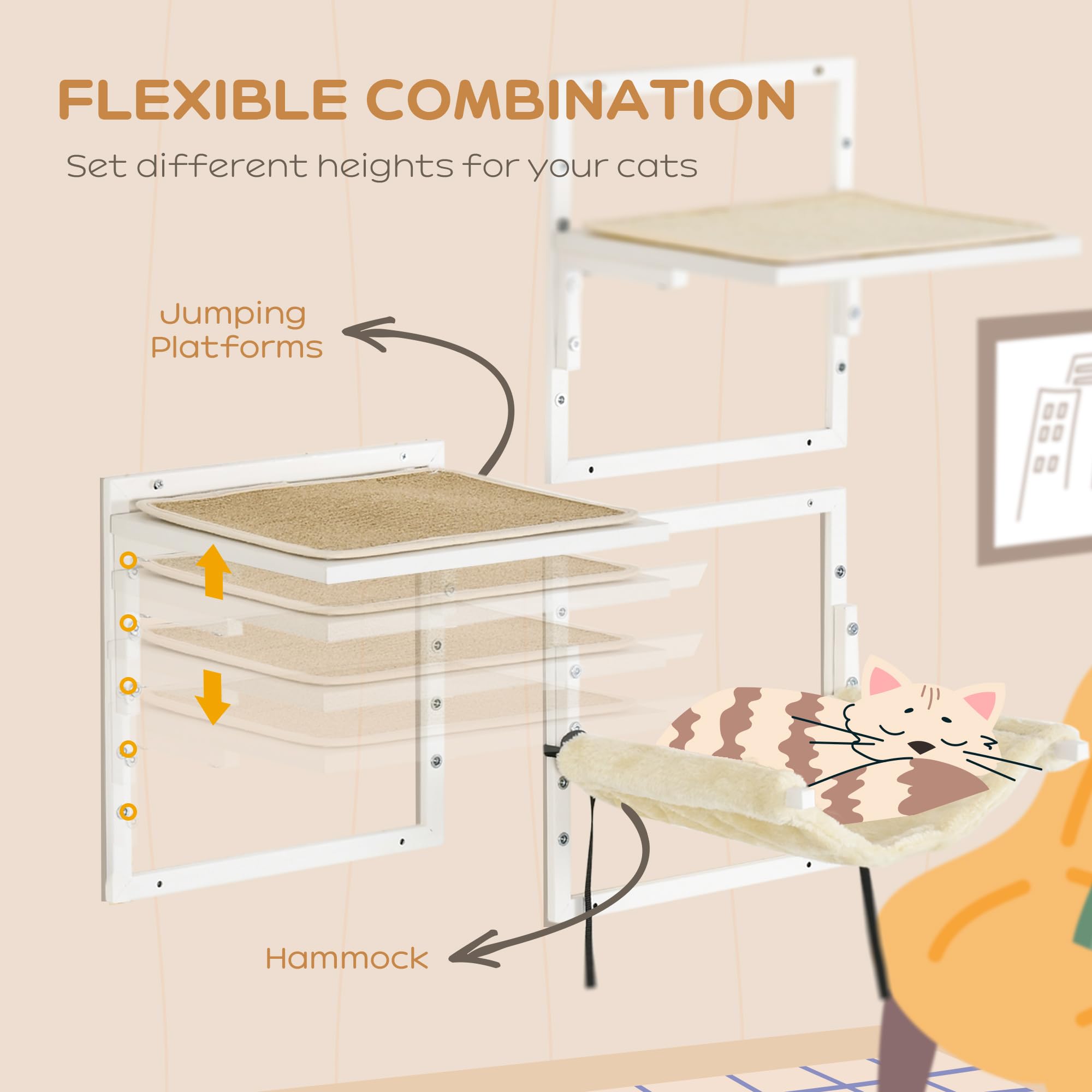 **PawHut 6-Piece Modern Cat Wall Shelves Set - Adjustable Height Cat Perches, Jumping Platforms & Hammock for Indoor Cats - Cream White - Perfect for Small Spaces & Cat Play Areas**