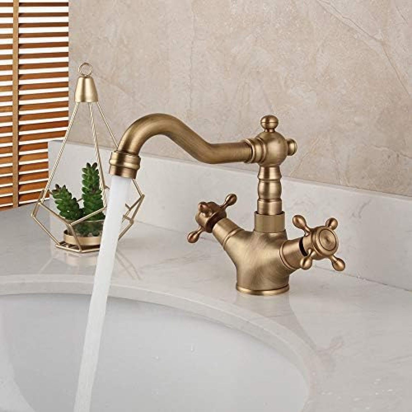 CRJUS Antique Brass Bathroom Sink Faucet - Solid Brass Hot & Cold Water Mixer Tap with Stream Spout for Vanity Basin | Perfect for Vintage Style Bathroom Decor & Modern Home Renovation