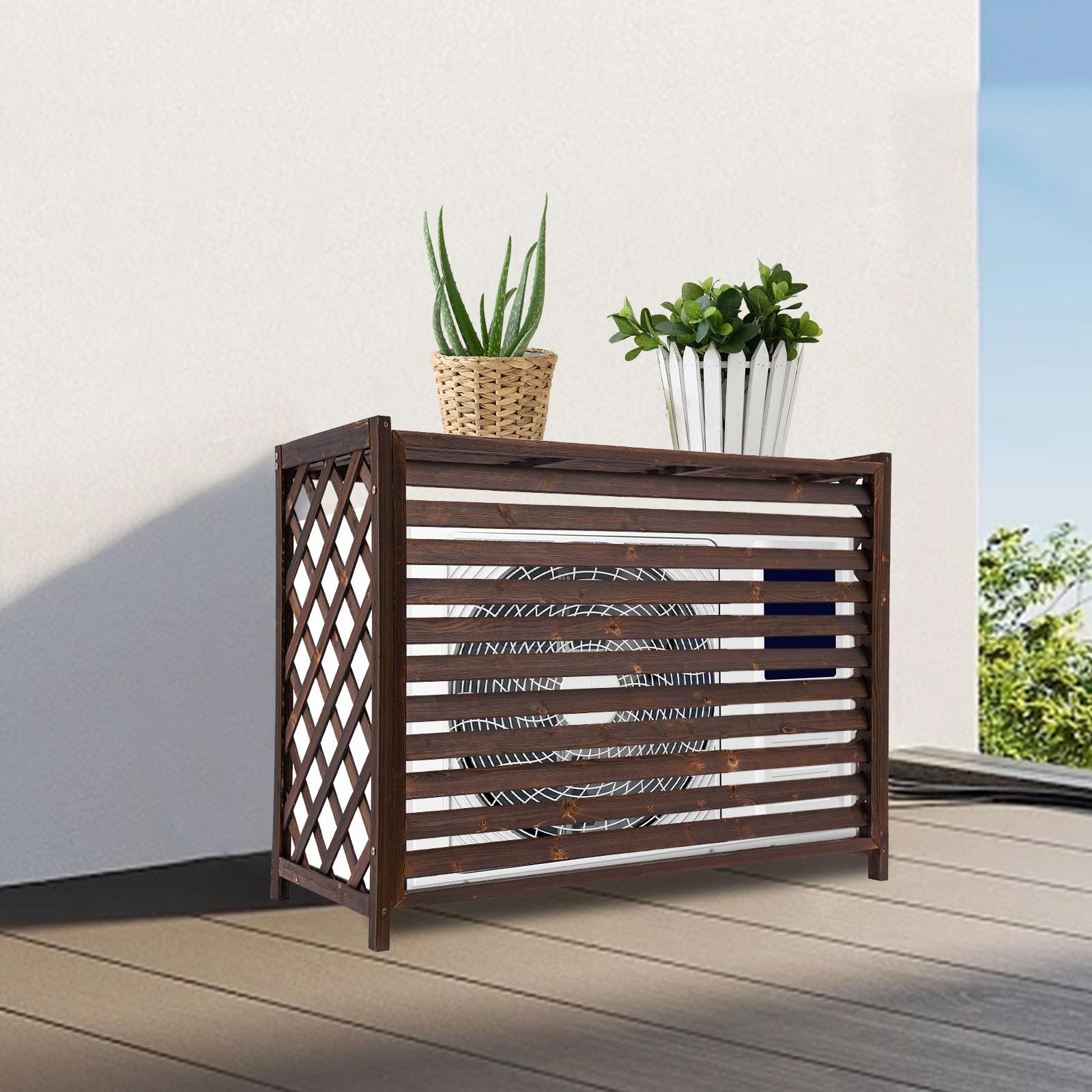 Retro Wood Air Conditioner Privacy Screen - Free Standing AC Fence for Outdoor Unit, Brown 43.31