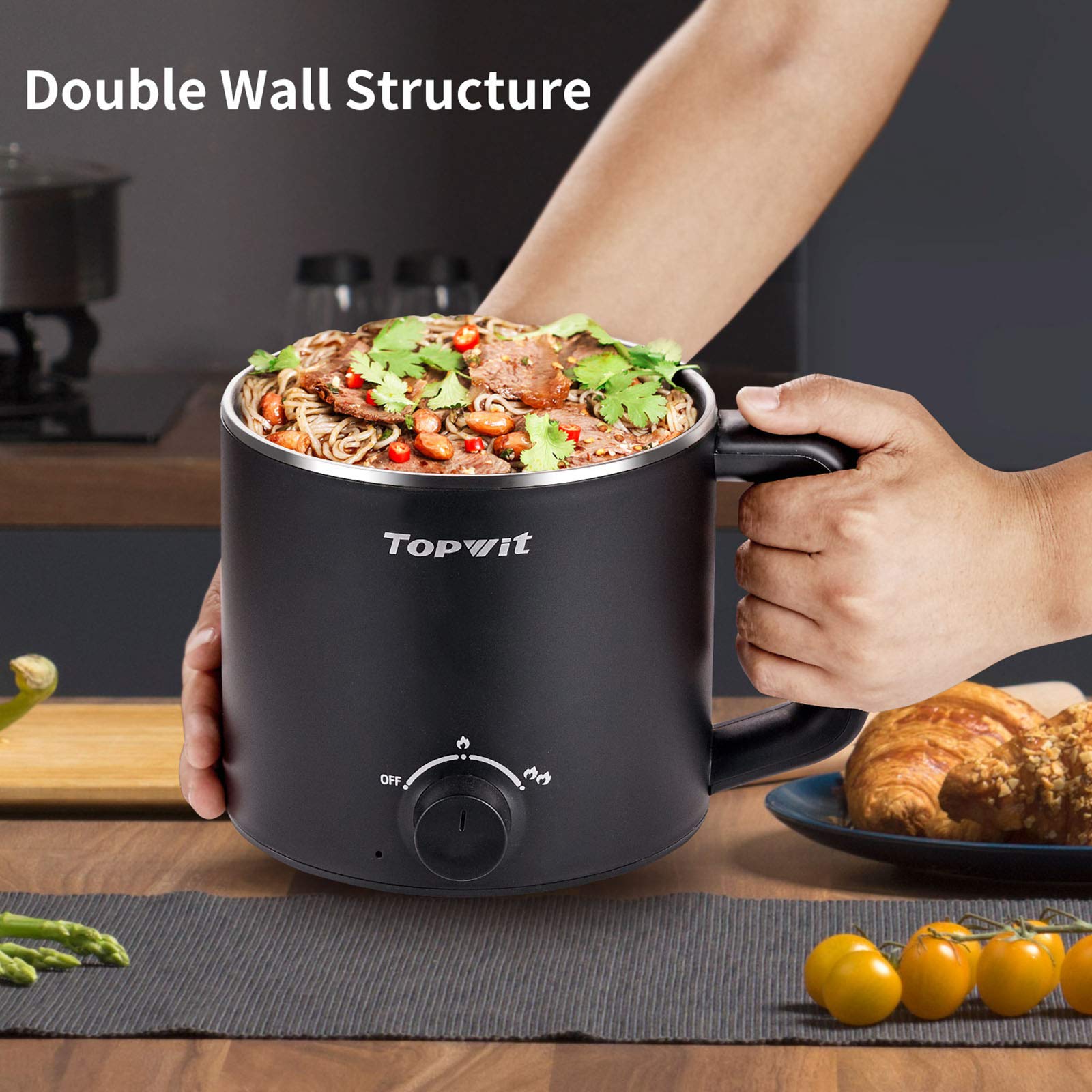 Topwit 1.6L Electric Hot Pot - Multi-Function Cooker for Ramen, Pasta, Shabu-Shabu, Soup & Eggs | Portable Mini Cooking Pot for Dorm, Office & Camping | Black
