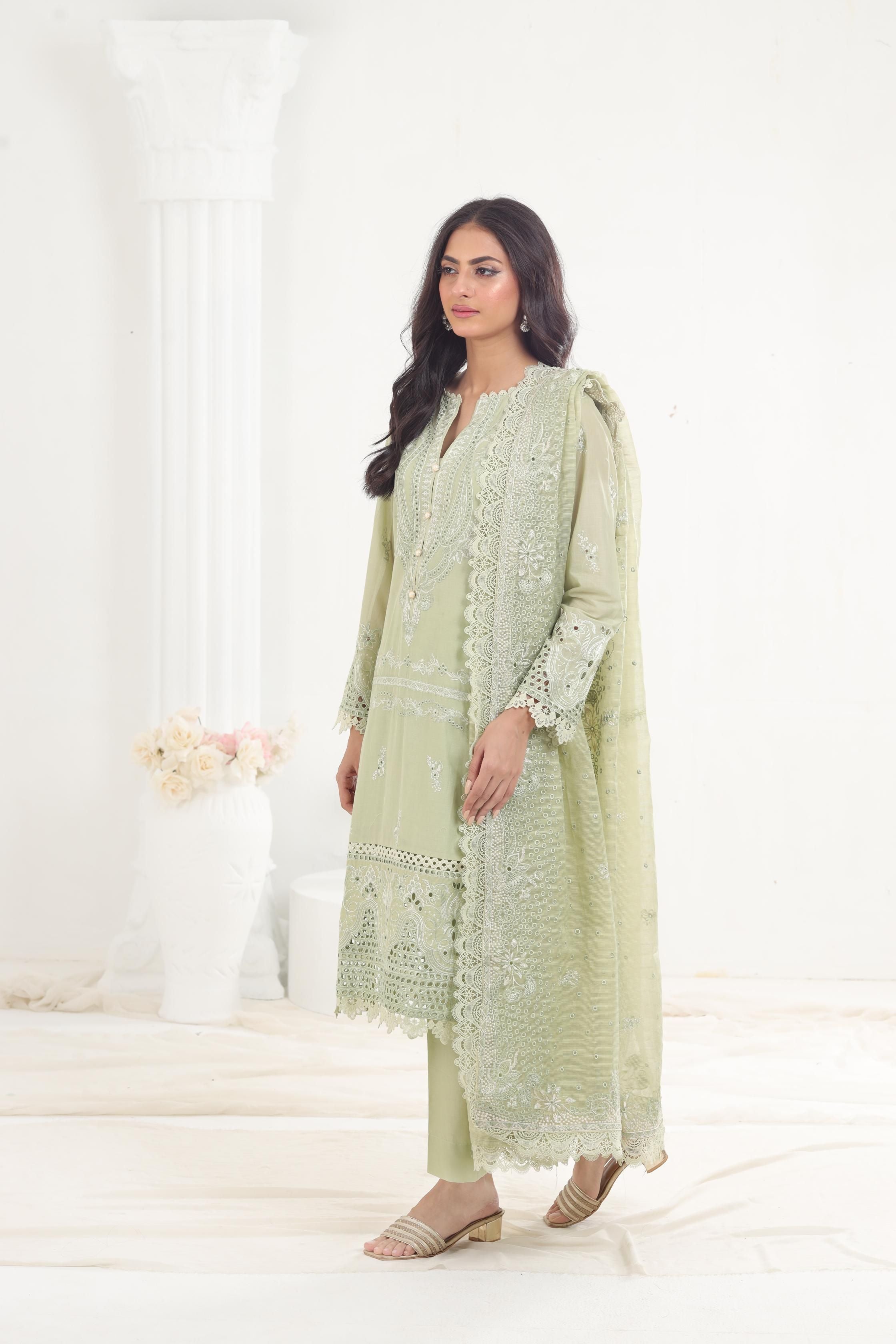 Celadon Afrozeh Chikankari Embroidered Lawn Stitched Dress - Elegant Traditional Pakistani Outfit for Women, Perfect for Weddings, Parties & Special Occasions