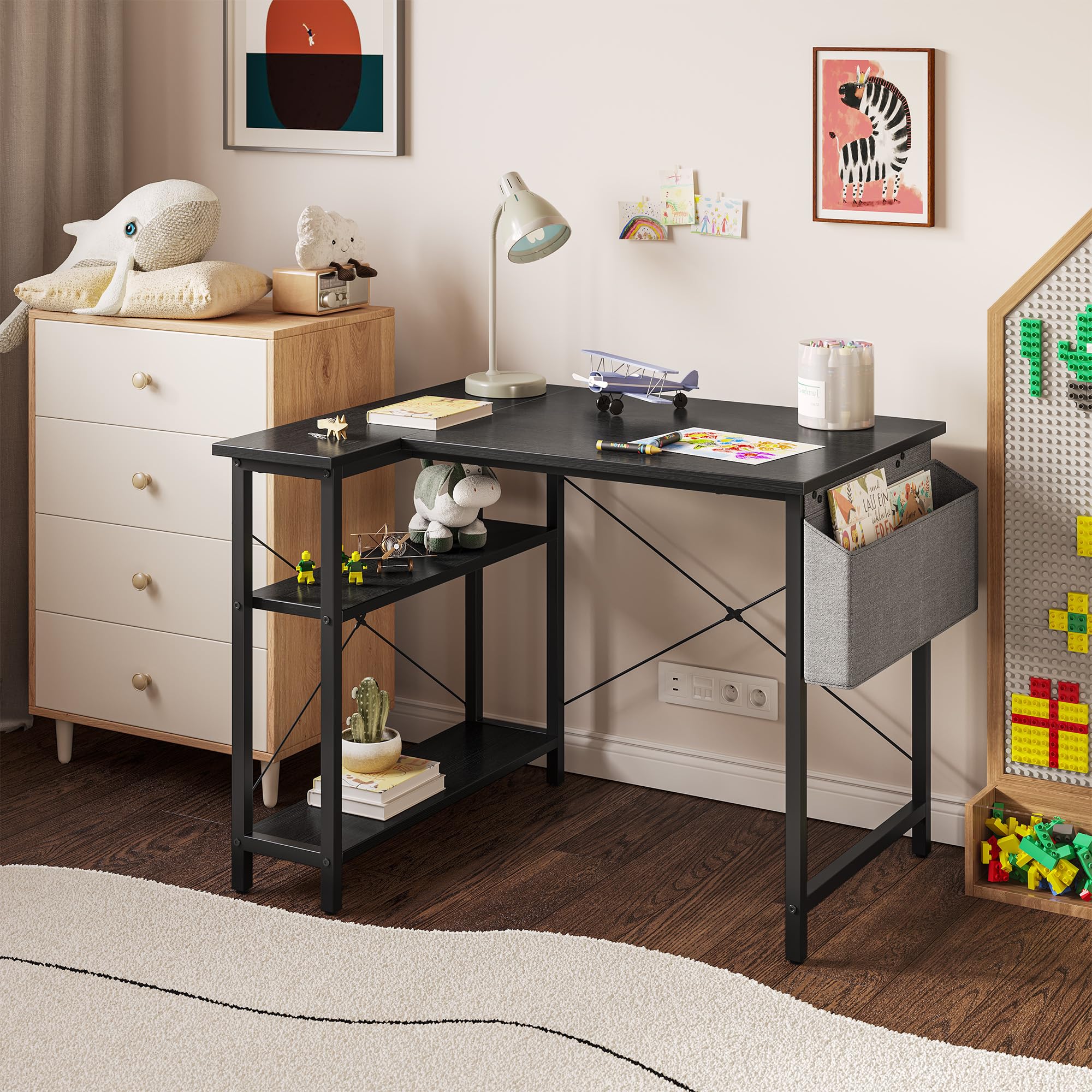 L Shaped Desk 40 Inch Small Reversible Corner Computer Desk with Storage Shelves - Home Office Desk Study Writing Table in Black - Perfect for Small Spaces, Gaming Setup & Remote Work