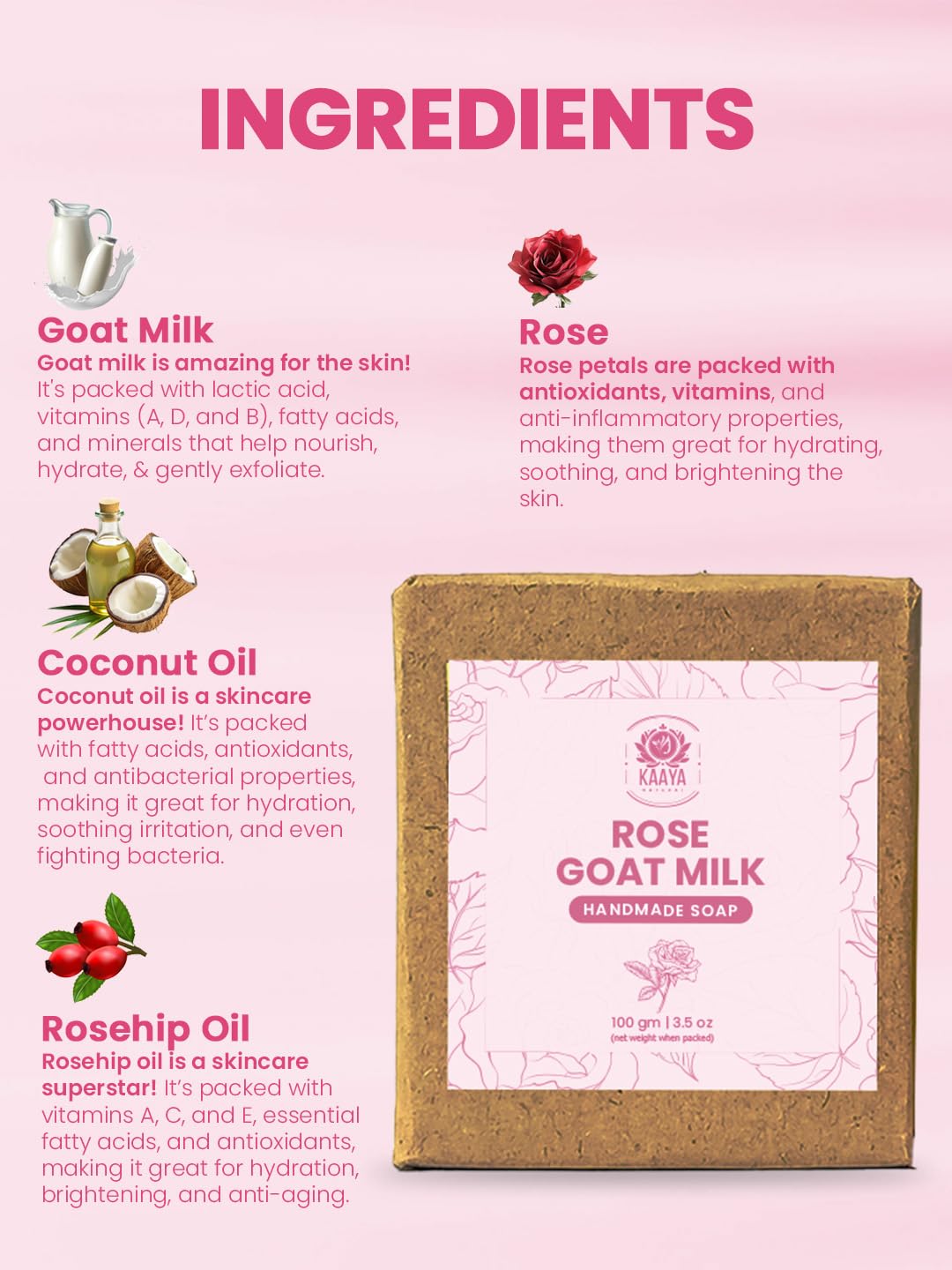 Kaaya Natural Rose Goat Milk Handmade Soap - Organic, Moisturizing & Brightening Bar for Healthy Skin | All Skin Types | Unisex | 100g (Pack of 2) | Perfect for Sensitive Skin, Dry Skin Care & Daily Facial Cleansing