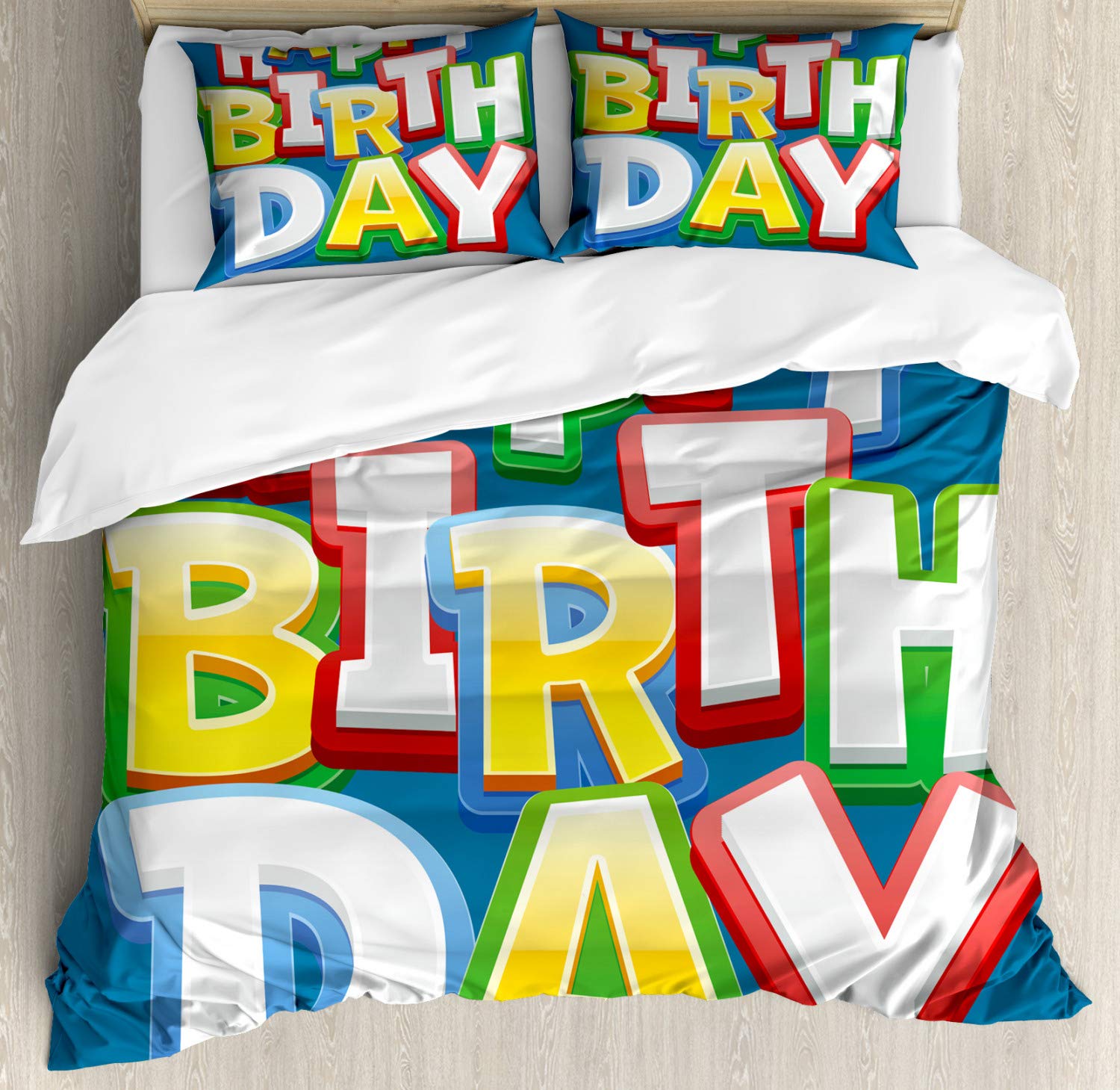 Ambesonne Happy Birthday Duvet Cover Set - Rainbow Typography on Blue Background, 3-Piece California King Bedding with 2 Pillow Shams - Perfect for Birthday Parties, Room Decor & Gift Giving