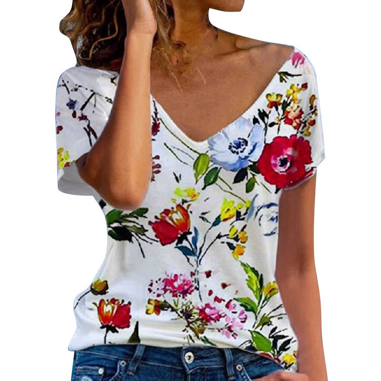 Women's Vintage Floral V-Neck Short Sleeve T-Shirt - Summer Fashion Fitted Tee & Printed Tunic Blouse | Casual Wear, Beach Outfit, Date Night Top