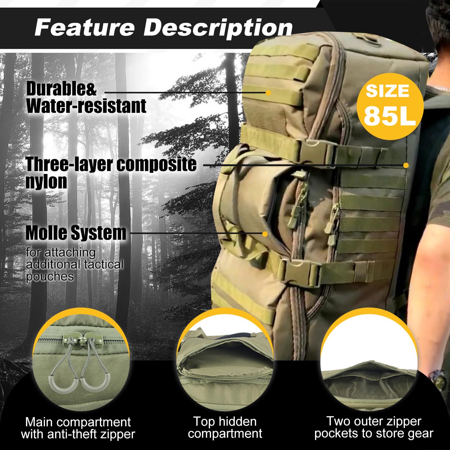 3 in 1 Military Tactical Backpack - Durable Waterproof Travel Duffle Bag for Camping, Hiking, Gym & Workout - Perfect for Weekender Trips, Deployment & Outdoor Adventures