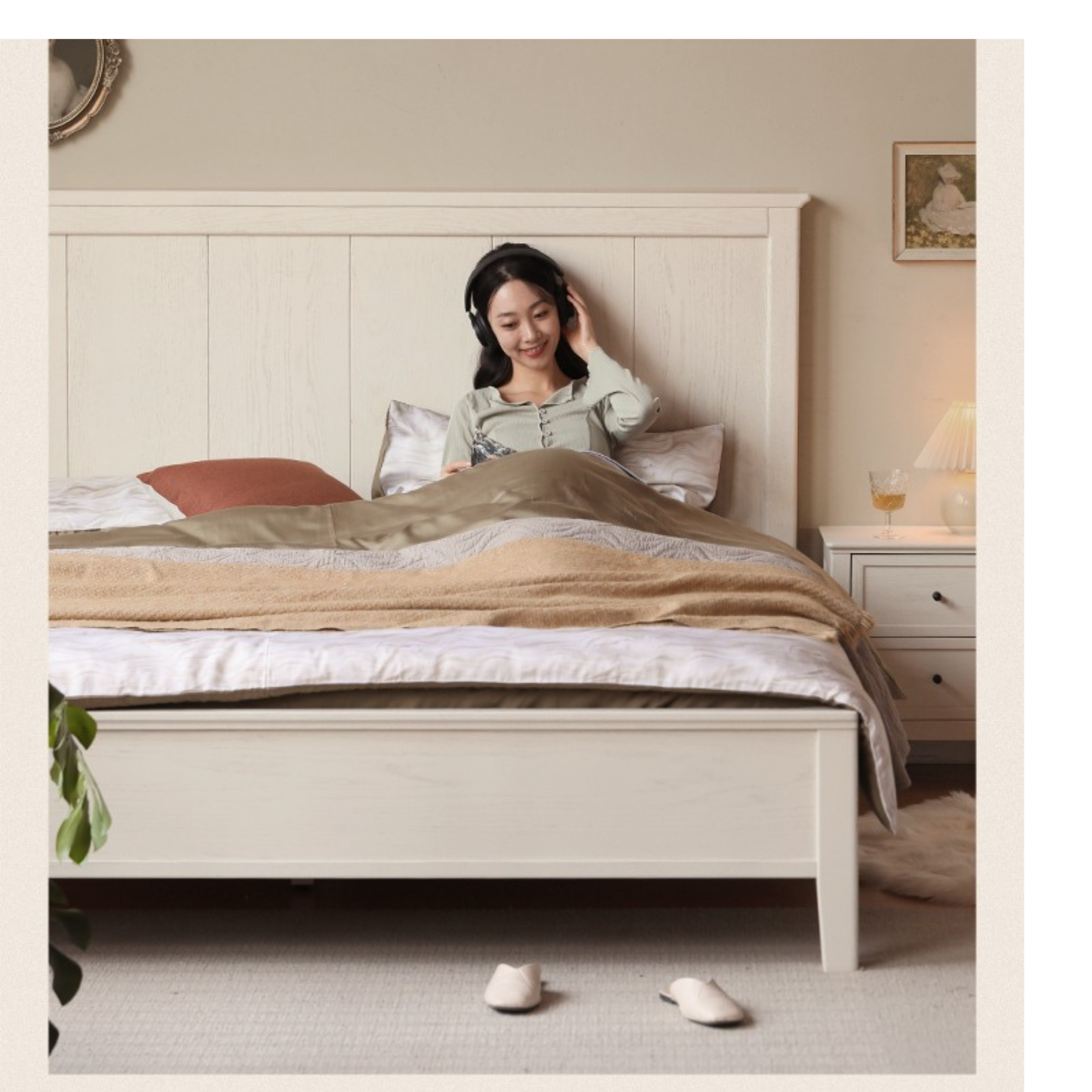Solid Oak Wood High Headboard Full Size White Bed - American Style Bedroom Furniture for Master Bedroom & Guest Room Decor