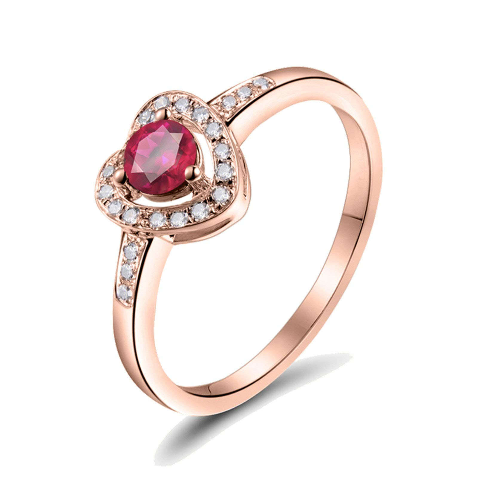 Rose Gold Heart Shaped Ring for Women - 0.45ct Round Cut Rose Red Ruby & 0.09ct Diamond Accents - Valentine's Day Gift, Anniversary Jewelry, Romantic Proposal Ring