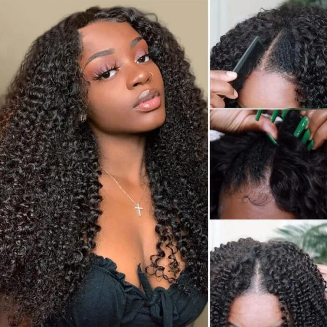 UNICE V Part Human Hair Wig - Kinky Curly Brazilian Virgin Hair with Drawstring | Glueless No Leave Out U Part Wig for Women | Beginner Friendly 150% Density 24 Inch | Perfect for Daily Wear, Parties & Protective Styling