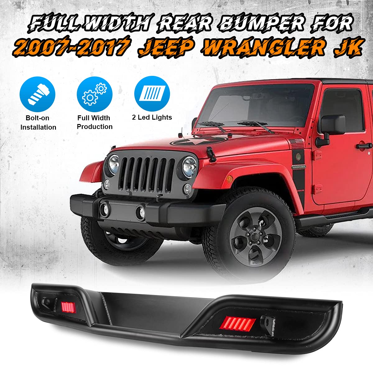 ROXX Full Width Rear Bumper for 2008-2017 Jeep Wrangler JK/JKU Unlimited - Heavy Duty Off-Road Bumper with 2 LED Position Lights & Hitch Receiver - Textured Black Rock Crawler Bumper - Perfect for Trail Riding, Overlanding & Off-Road Adventures
