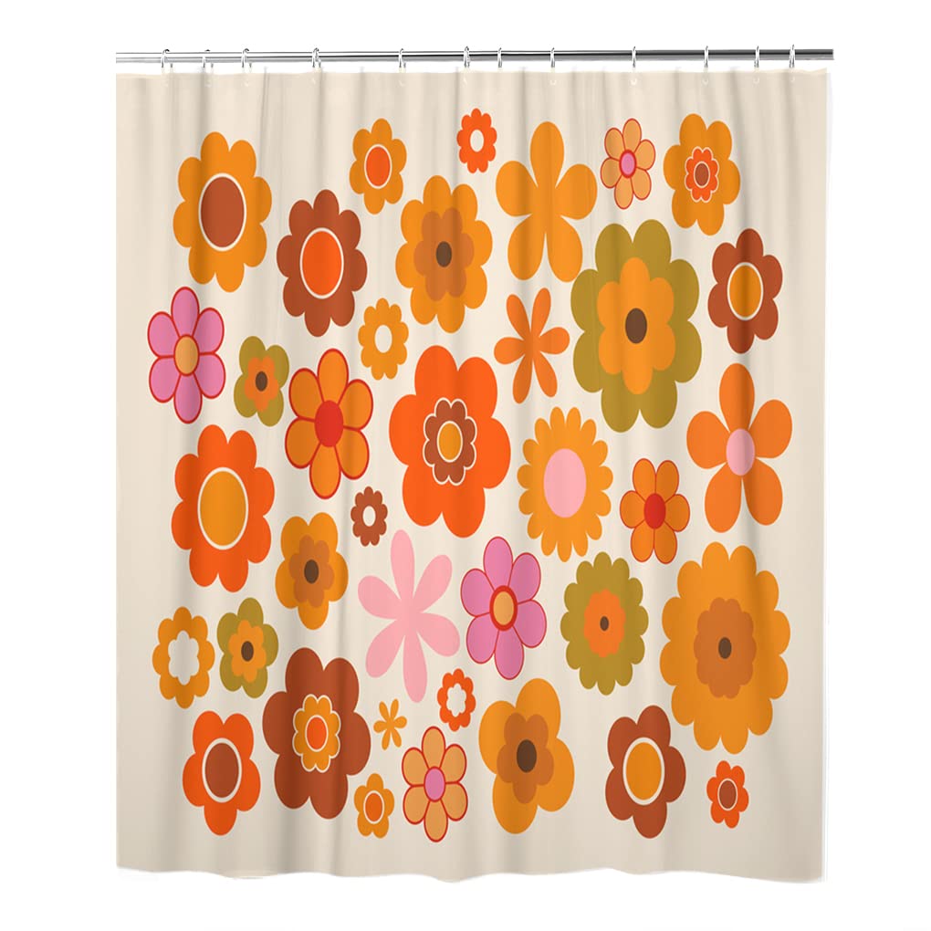 Vintage Orange Floral Shower Curtain - Waterproof Fabric Bathroom Decor with Hooks, 72x72 Inches, Machine Washable - Perfect for Vintage Style Bathrooms & Farmhouse Decor