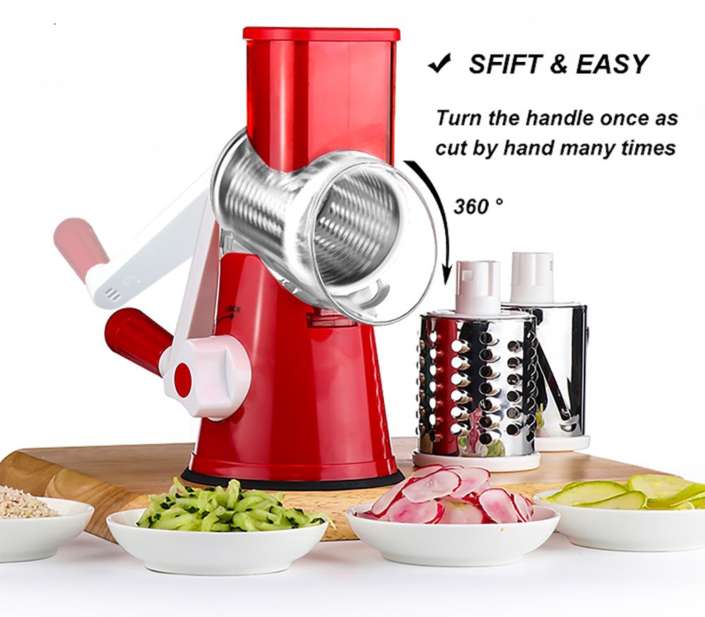 Premium Rotary Cheese Grater - Hand Crank Shredder for Cheese, Vegetables & Nuts | Non-Slip Suction Base | Includes 3 Blades & Free Cleaning Brush (Red) | Perfect for Kitchen, Pizza, Pasta & Salad Prep