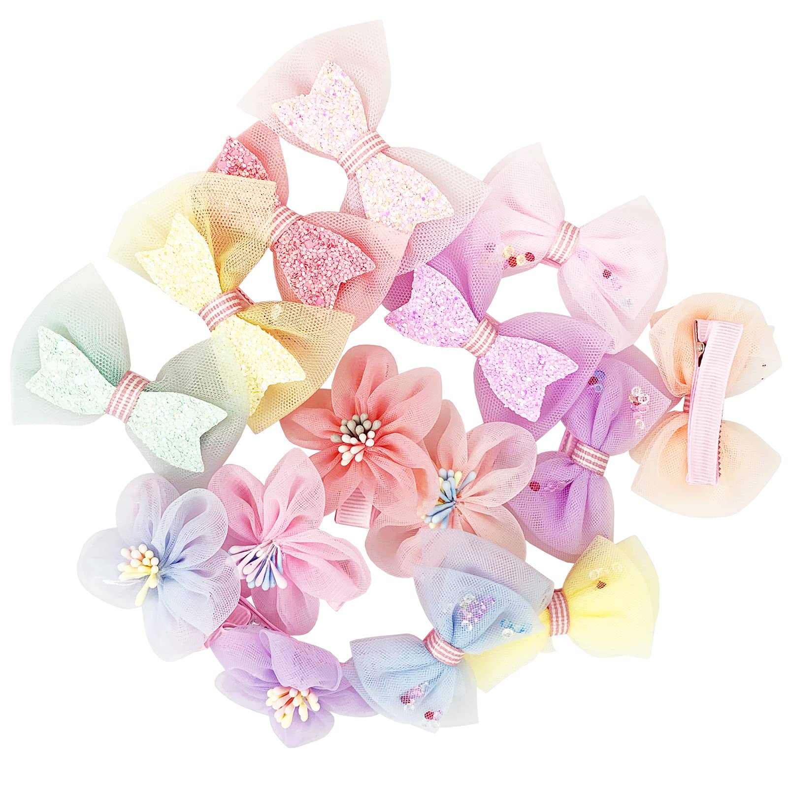 BETITETO 15-Piece Sparkly Tulle Hair Bows with Rhinestone Flower Clips for Girls & Women - Non-Slip Alligator Hair Clips for Parties, Weddings & Daily Wear