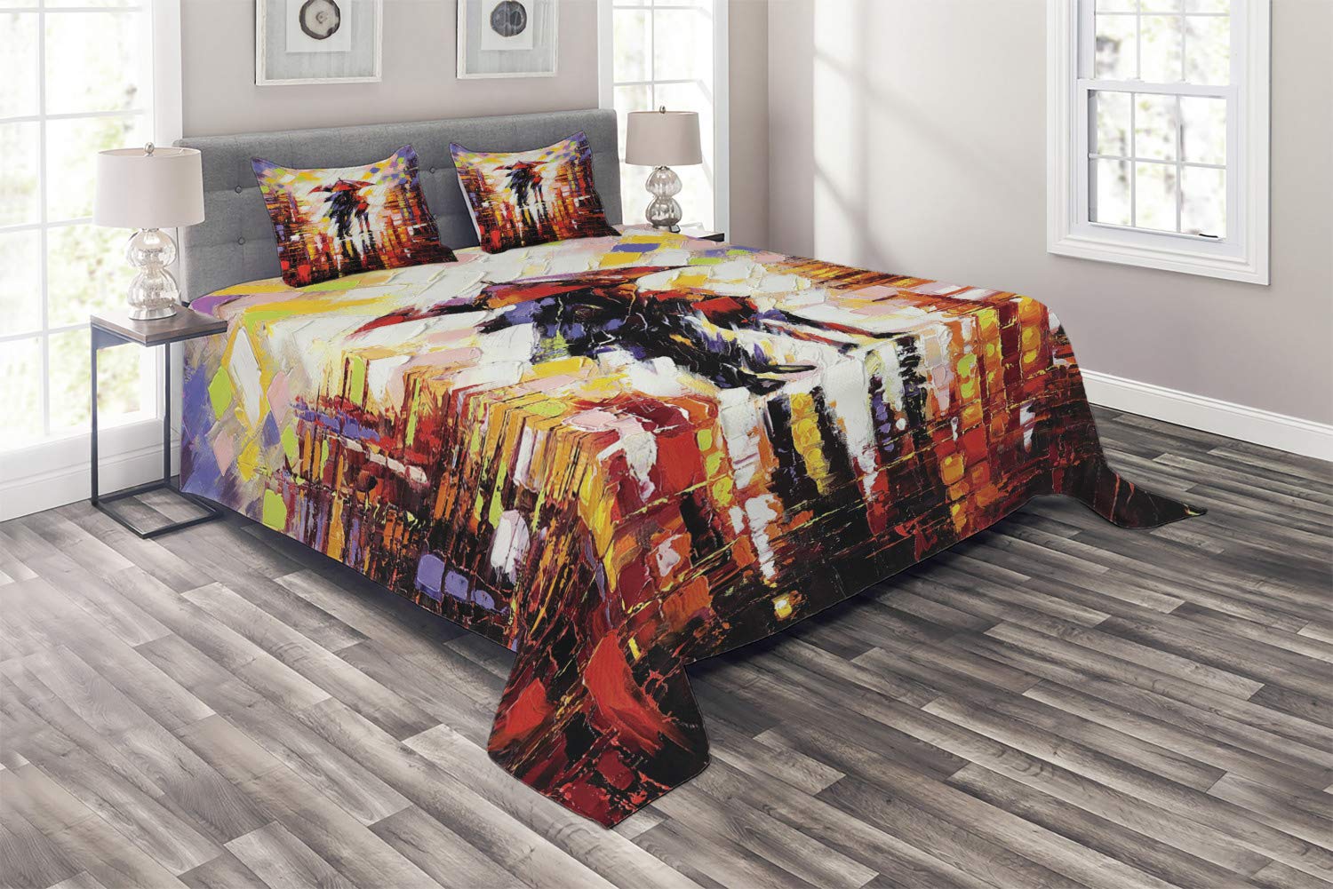 Ambesonne Fine Art Coverlet - Surrealistic Painting of Couple Under Umbrella, 3-Piece Quilted Bedspread Set with 2 Pillow Shams, King Size, Multicolor | Luxury Bedding for Master Bedroom, Guest Room & Bohemian Home Decor