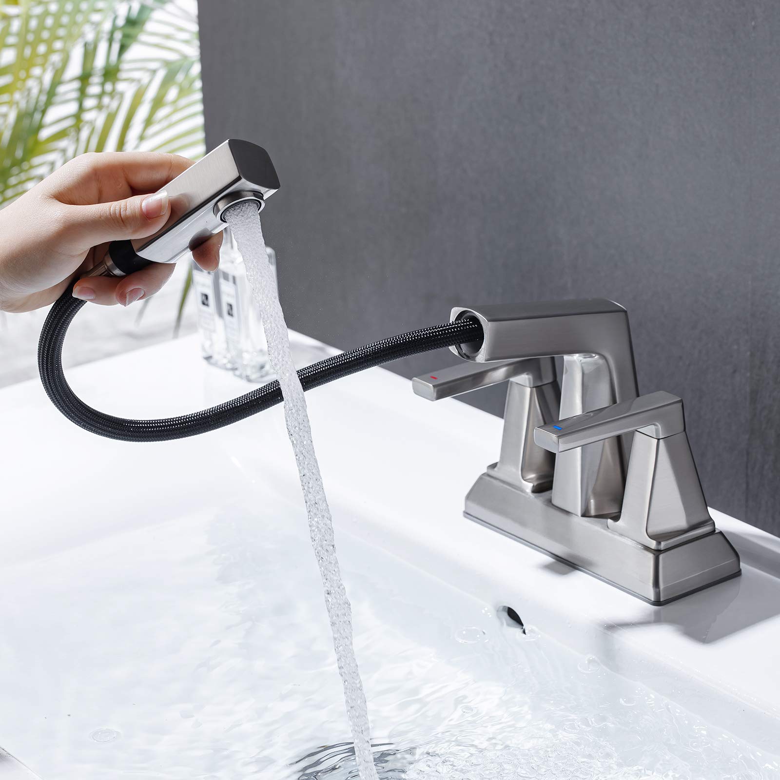 KAIYING Brushed Nickel 3-Hole Centerset Bathroom Sink Faucet with 2-Handle Pull-Out Spray - Water Saving Modern Vanity Faucet for Hot & Cold Water - Easy to Clean Bathroom Faucet for Home, Hotel & Commercial Use - Ideal for Hand Washing, Face Cleansing & Bathroom Renovation - Perfect for Small Bathrooms, Powder Rooms & Guest Suites - Great for Daily Hygiene, Spa-Like Experience & Luxury Bathroom Upgrades