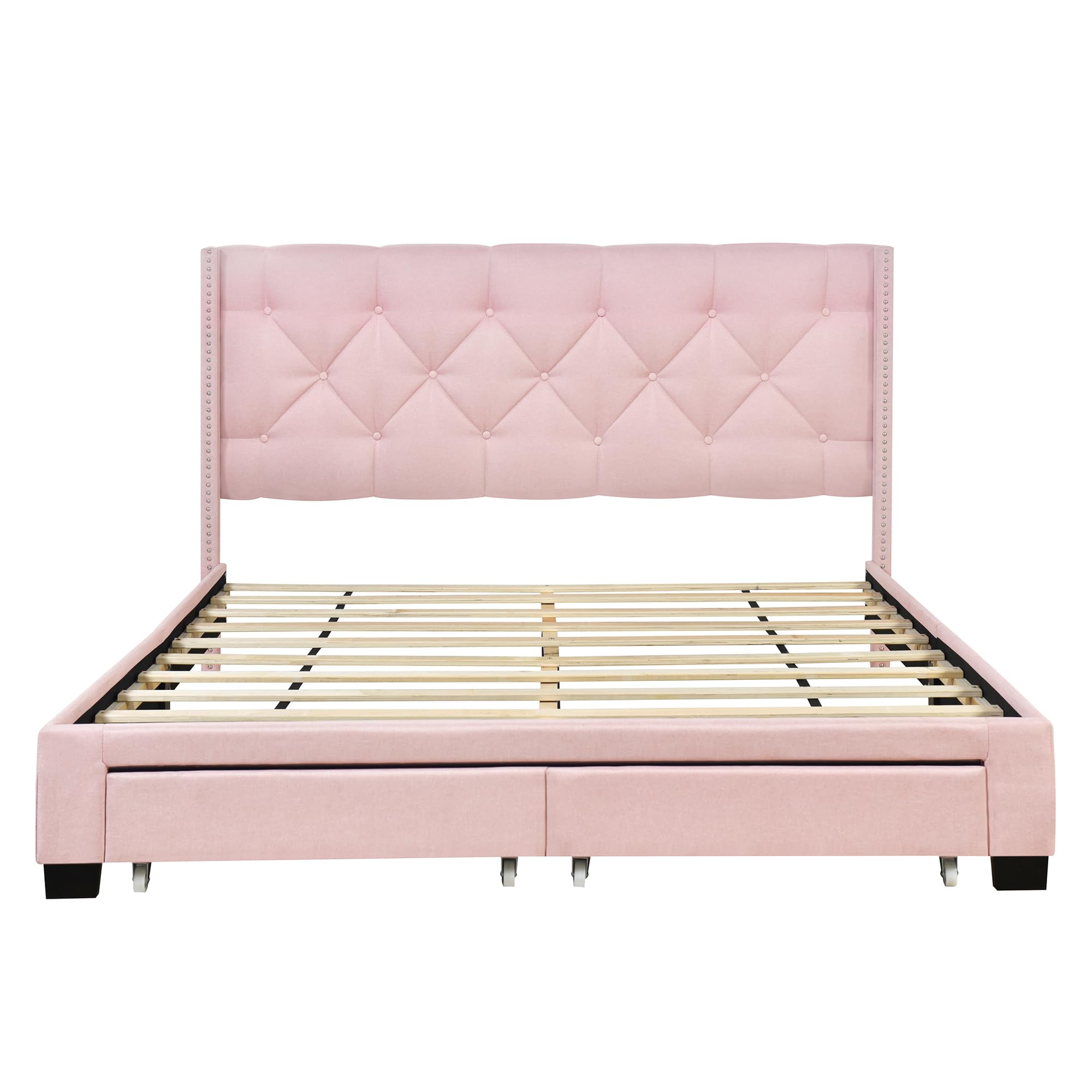 Merax Queen Size Linen Upholstered Platform Bed Frame with 2 Storage Drawers & Headboard - Pink Upholstered Bed for Teen Girls & Boys Bedroom | Modern Space-Saving Storage Solution for Small Rooms