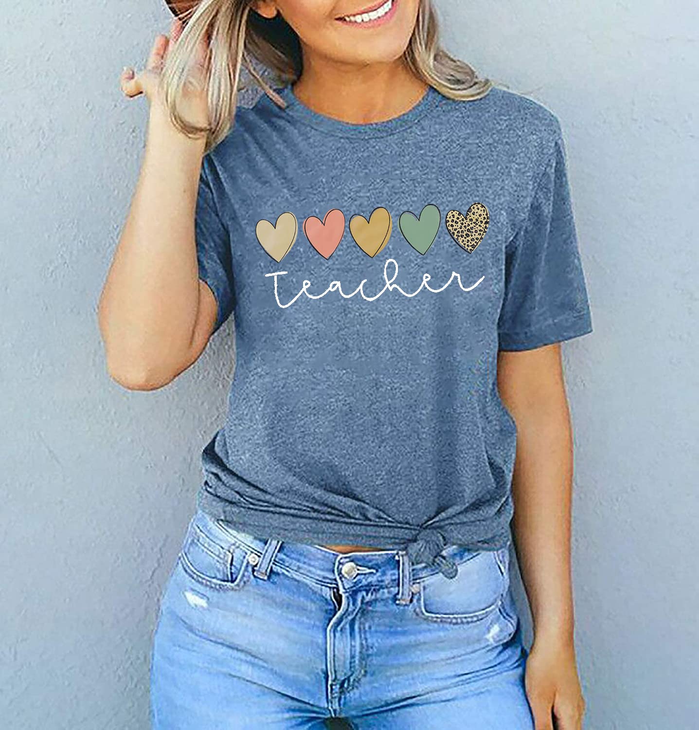 Women's Cute Hearts Graphic Teacher T-Shirt - Boho Style Short Sleeve Casual Summer Top for Educators | Perfect for Classroom, Teacher Appreciation Week & Back to School Outfits