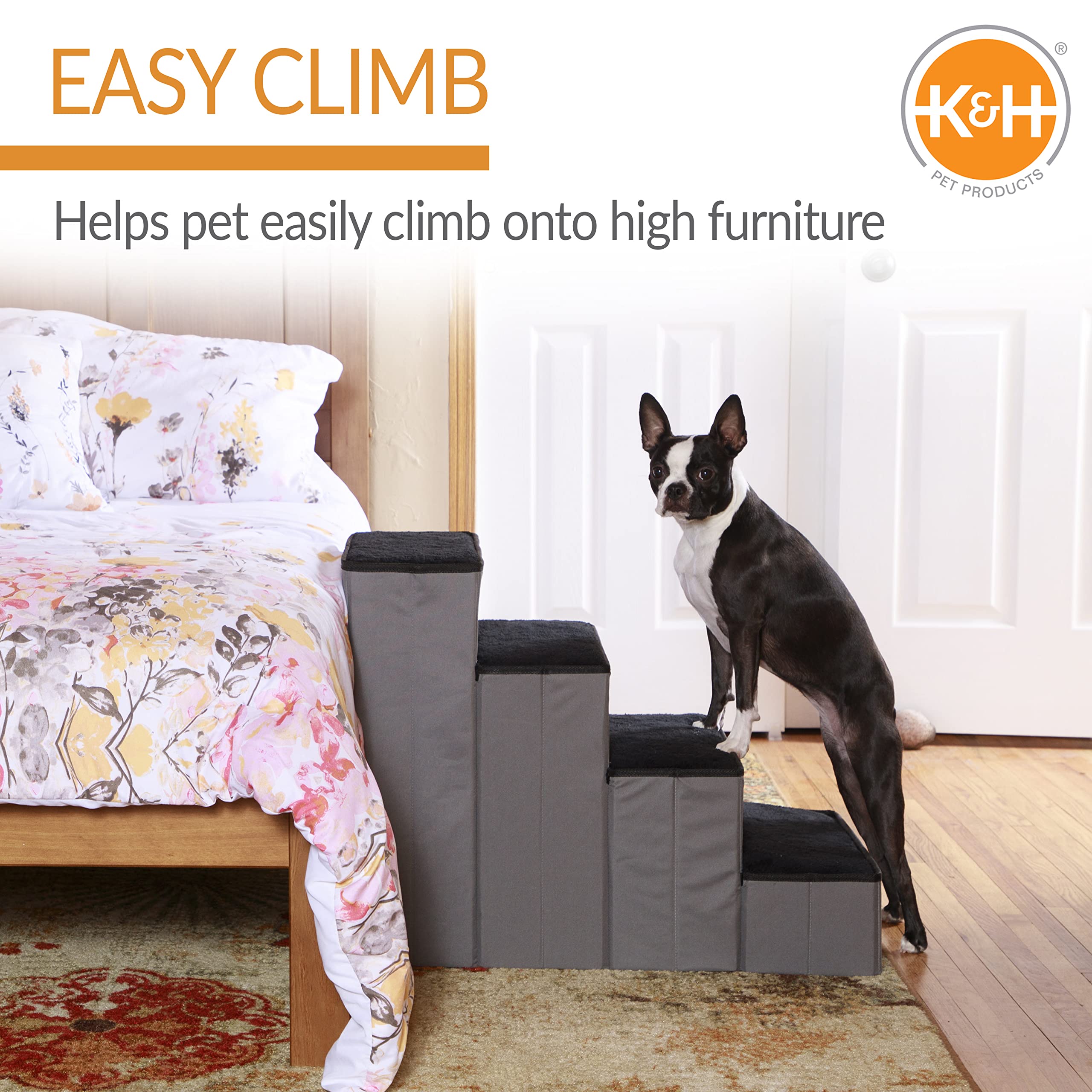 K&H Pet Products 4-Step Pet Stairs with Storage - Gray/Black - Help Small Dogs & Cats Reach Beds & Couches Safely
