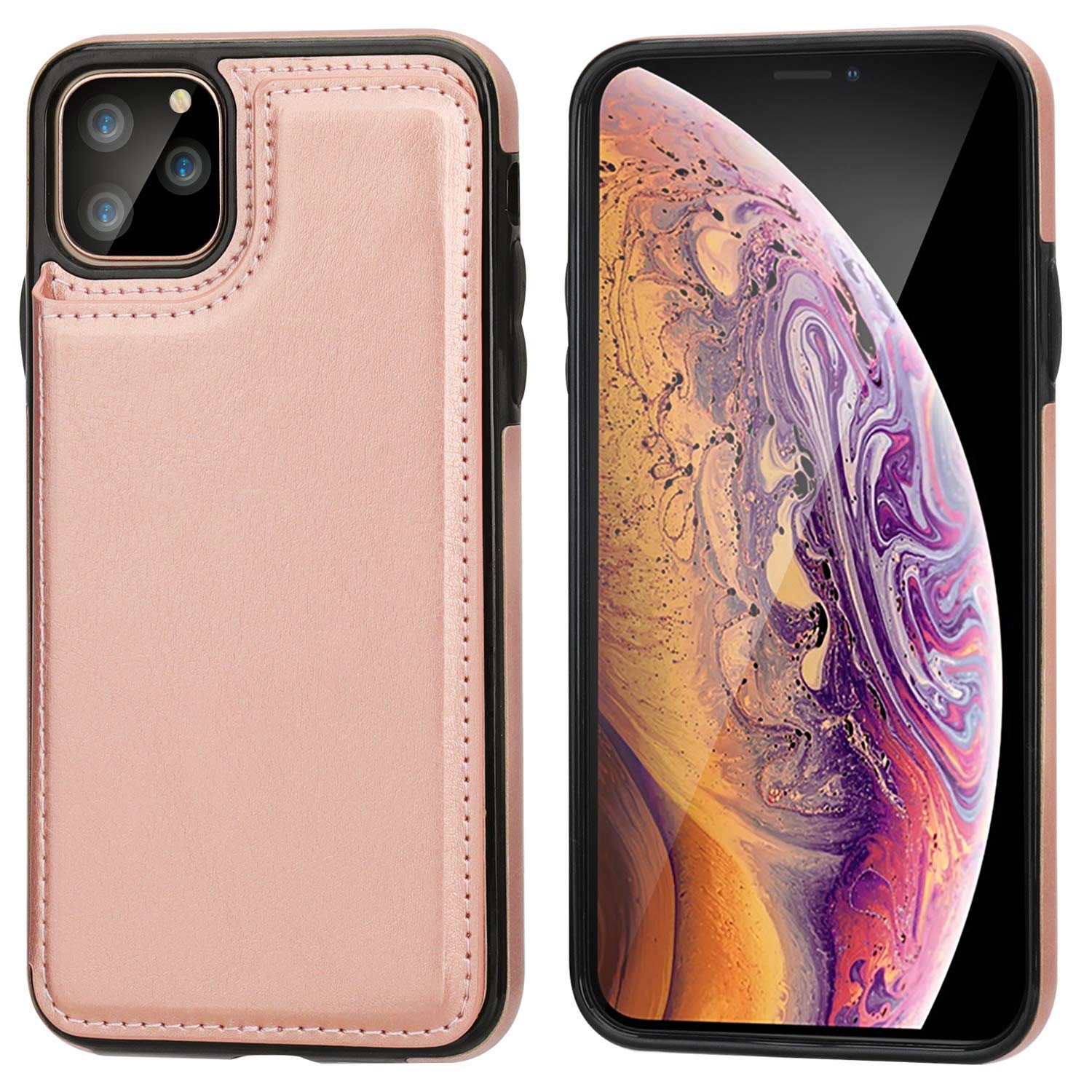 Premium PU Leather Wallet Case for iPhone 11 Pro Max (6.5 Inch) - RFID Blocking Card Holder with Kickstand, Double Magnetic Closure & Shockproof Protection - Rose Gold | Perfect for Business, Travel & Everyday Use
