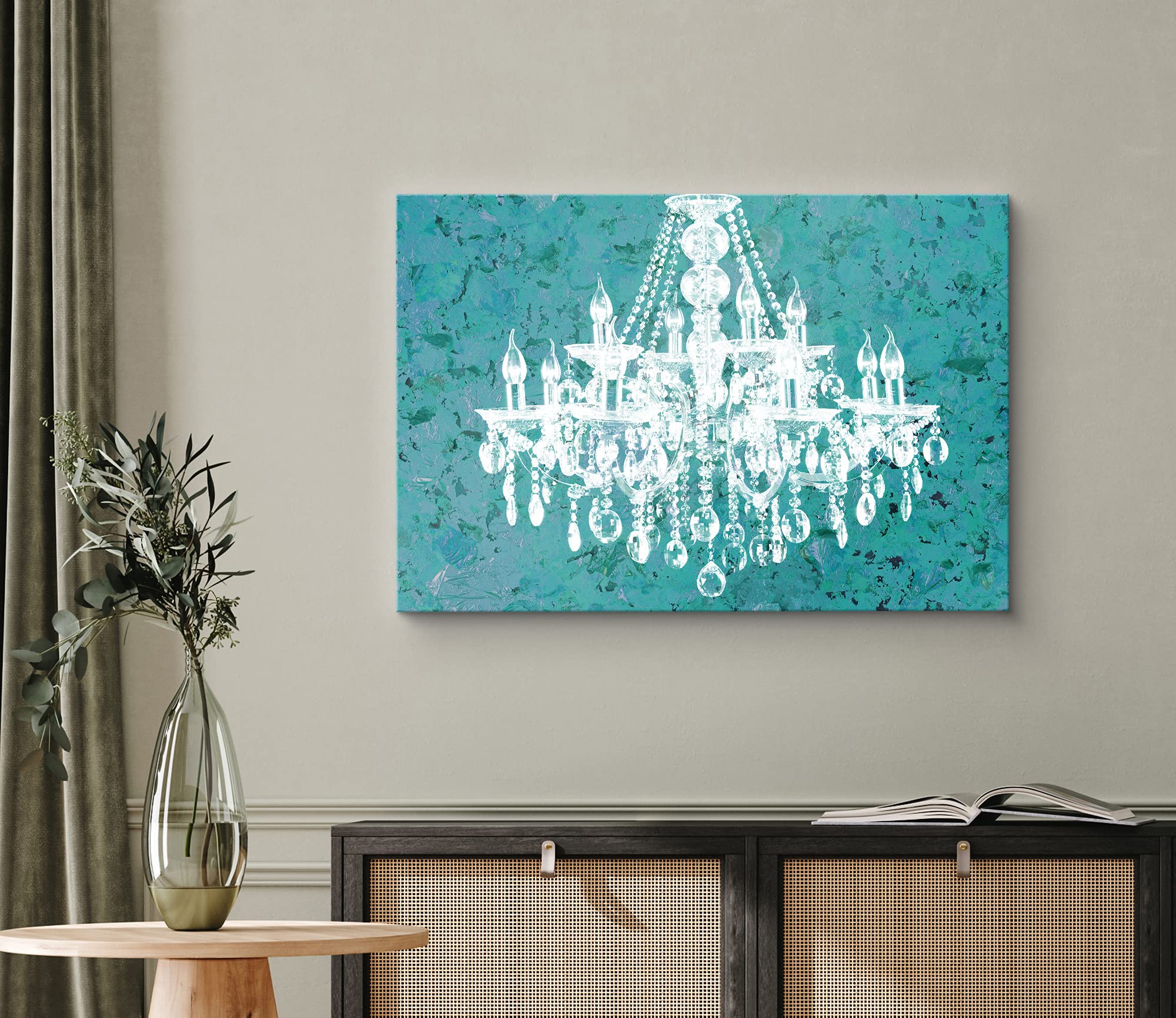 White Chandelier Silhouette on Teal Background Canvas Print - Modern Wall Art Decor for Living Room, Bedroom & Office - 32x48 Inch Digital Artwork - Relaxing Chic Home Decor for Calm Ambiance