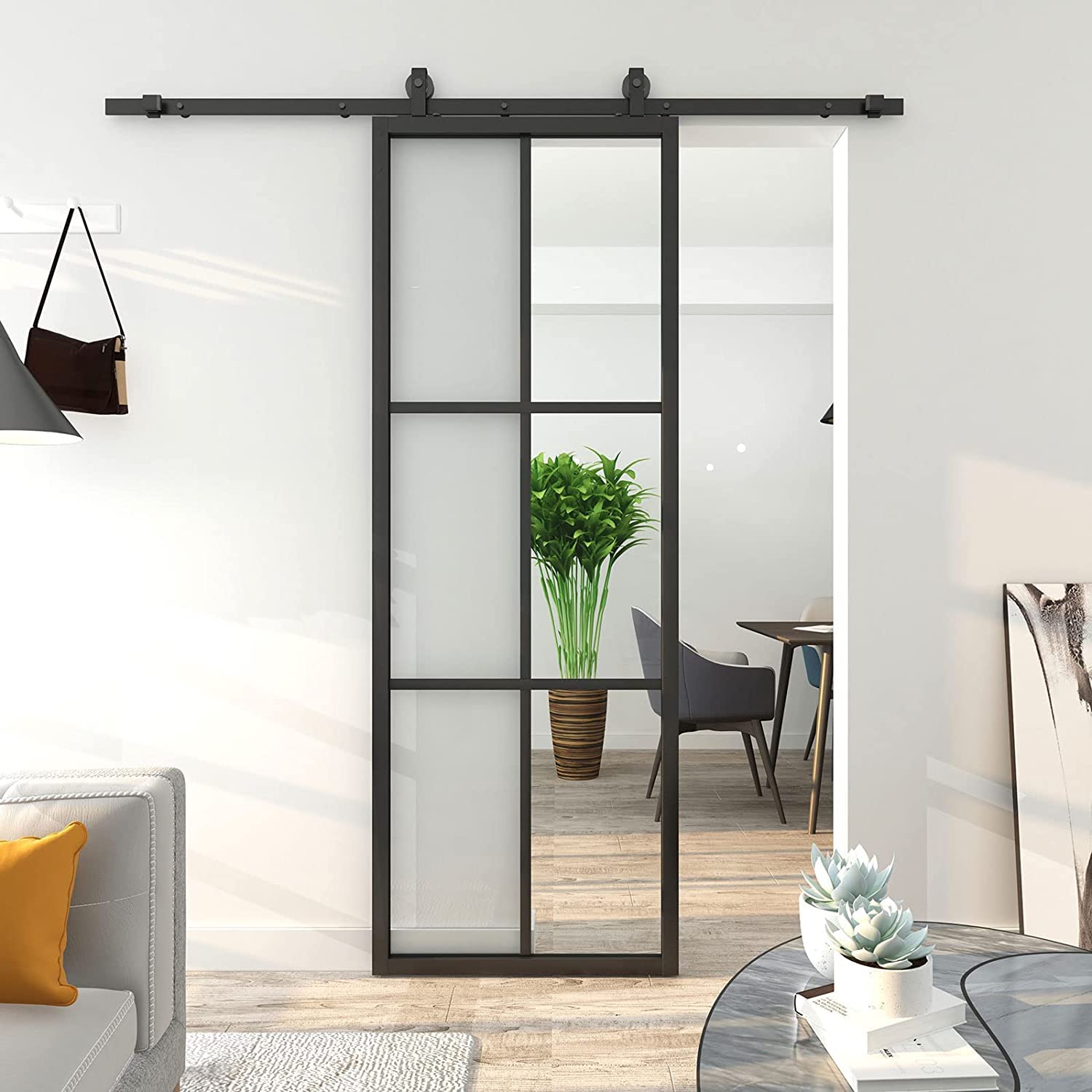JUBEST DIY 30x84 Inch Modern Glass Sliding Barn Door - Clear Tempered Glass with Aluminum Frame for Closet & Kitchen - Easy Assembly - Perfect for Farmhouse, Loft & Contemporary Home Decor