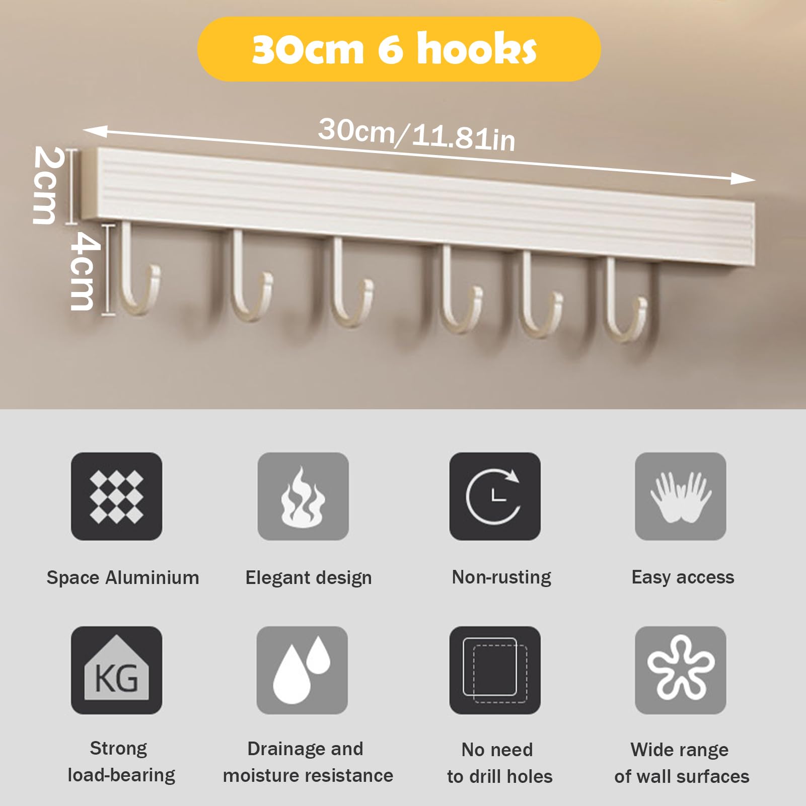 Wall-Mounted Aluminum Kitchen Hook Rack - Organize Utensils, Spoons, Shovels & Chopping Boards - Space-Saving Storage Solution for Modern Kitchens