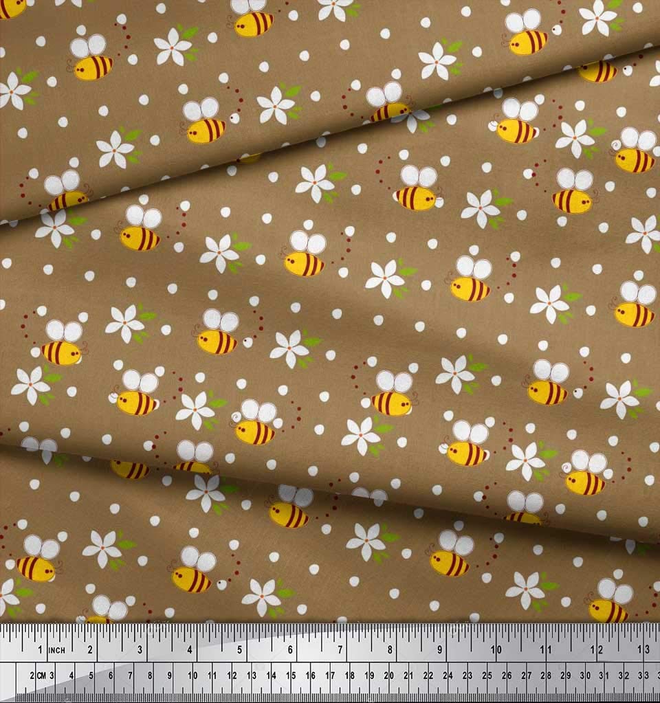 Soimoi Brown Crepe Fabric - 42 Inch Wide Floral Bee Print for Sewing & Crafts