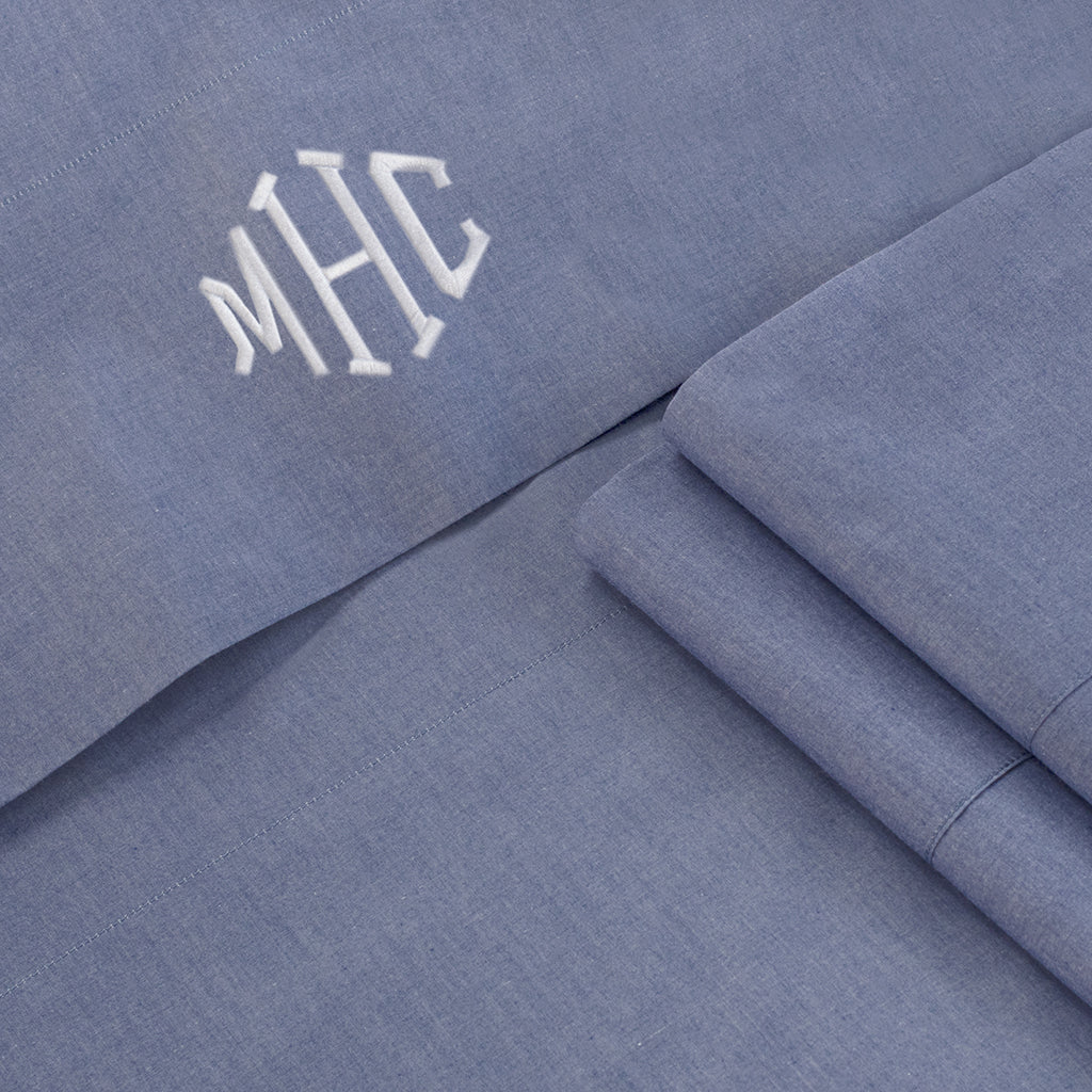 Premium Blue Chambray Fitted Sheet - Soft 100% Cotton Deep Pocket Bed Sheet Set - Perfect for Guest Rooms, Dorms & Cozy Bedroom Decor