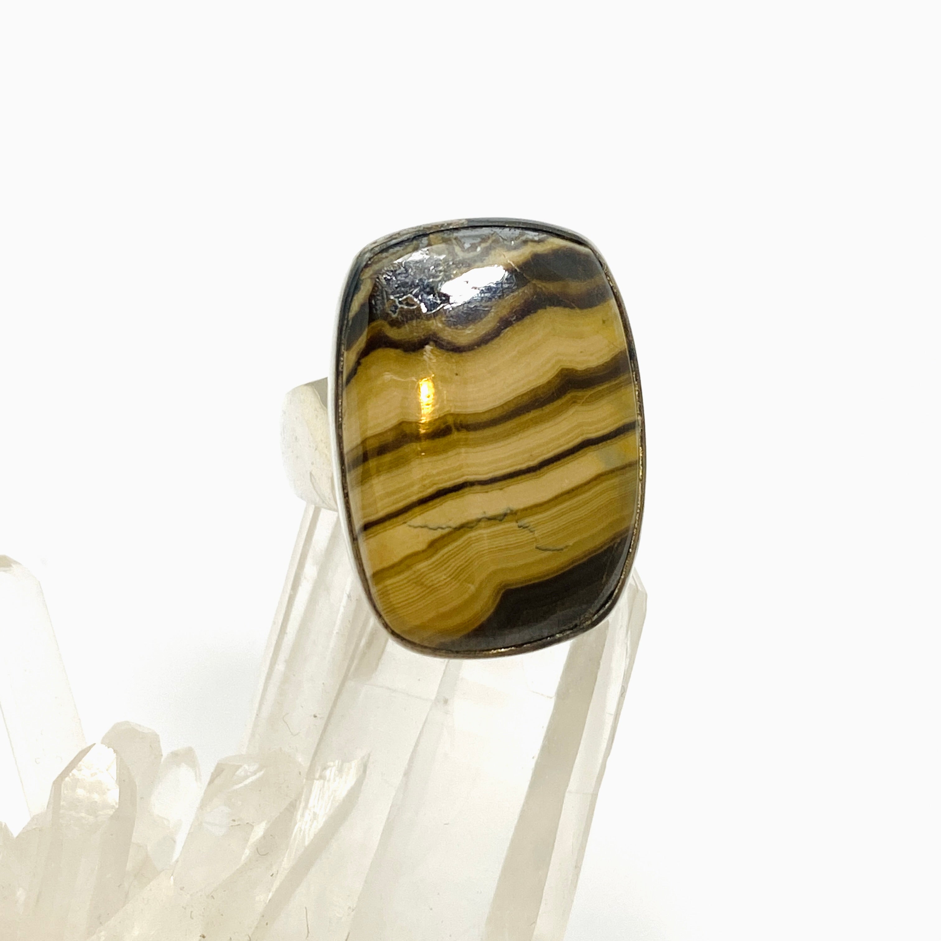 Schalenblende Rectangular Cabochon Ring - Size 8 - KRGJ3392 - Elegant Handmade Jewelry for Women, Perfect for Weddings, Parties & Special Occasions