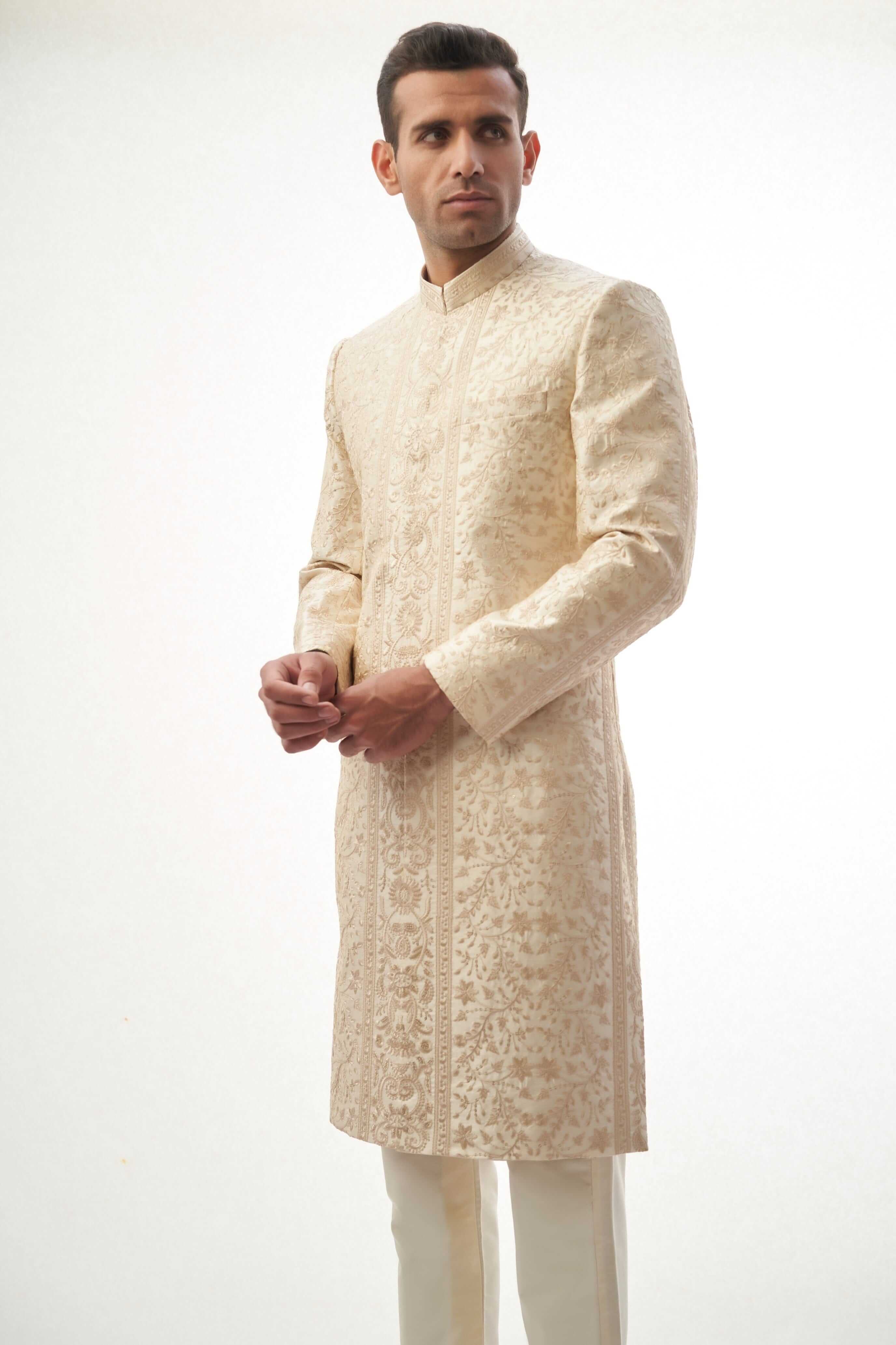 Elegant Fawn Persian Painting Inspired Sherwani for Men | Traditional Indian Wedding Attire | Perfect for Grooms, Festivals & Cultural Events