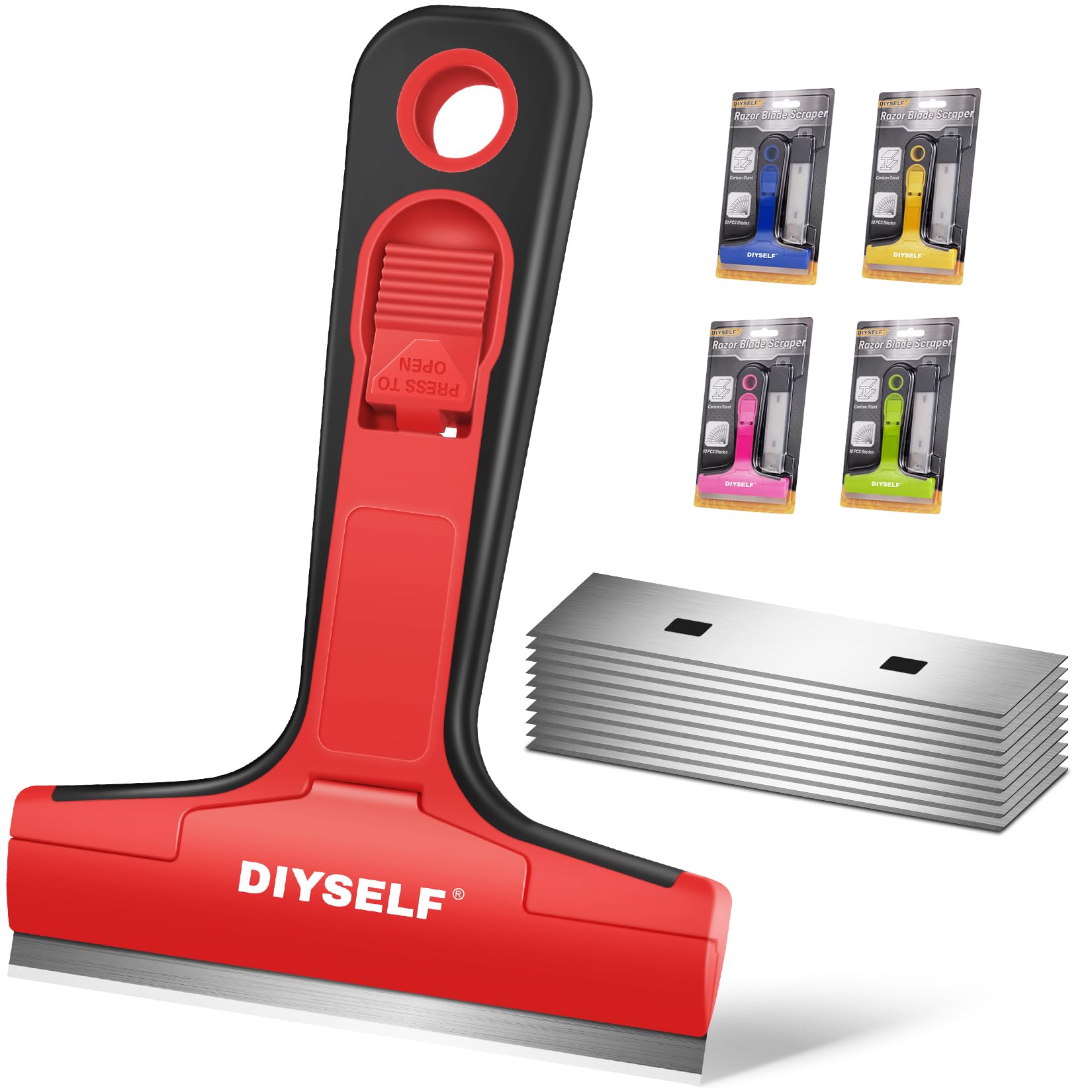 DIYSELF 10-Pack Razor Blade Scraper - Heavy Duty Stainless Steel Scraper Tool for Cleaning Stove Top, Cooktop, Oven, Glass, Paint, Windows - Includes 10 Extra 4-Inch Replacement Blades - Perfect for Kitchen, Bathroom & DIY Home Improvement Projects