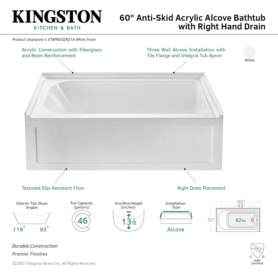 Aqua Eden VTAP6032R21A 60 Inch Acrylic Rectangular 3-Wall Alcove Bathtub with Anti-Skid Surface & Right Hand Drain - Glossy White - Perfect for Modern Bathrooms & Spa-Like Relaxation