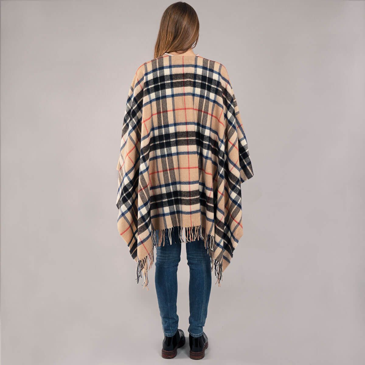 Alice Thomson Camel Modern Tartan Lambswool Serape Wrap - Soft Wool Shawl for Women, Cozy Fall & Winter Fashion Scarf - Perfect for Office, Travel and Outdoor Activities