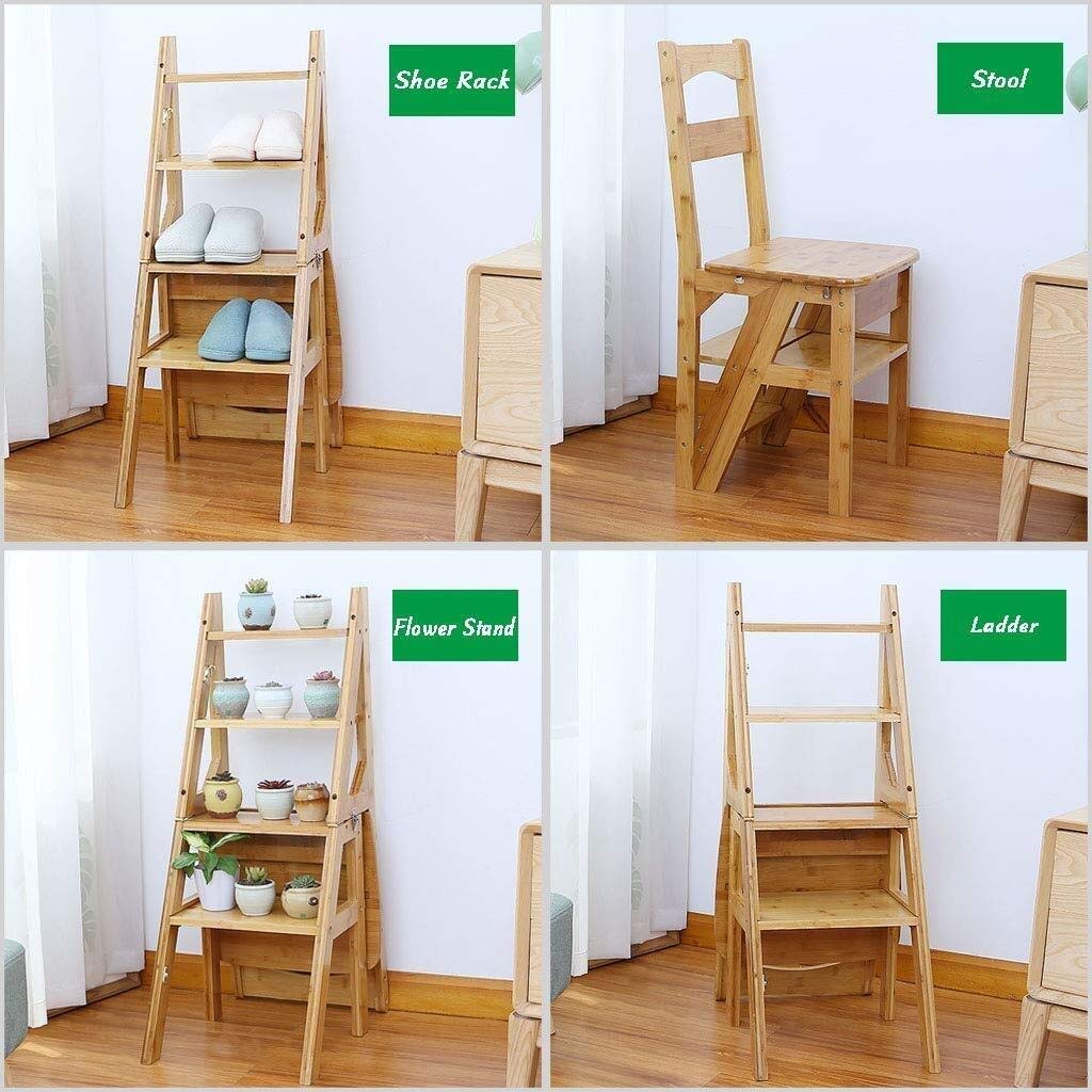 4-Step Foldable Bamboo Ladder Stool - Multifunctional Step Stool for Home, Kitchen, Office & Library - Use as Flower Stand, Chair or Step Ladder - Space Saving & Portable Design