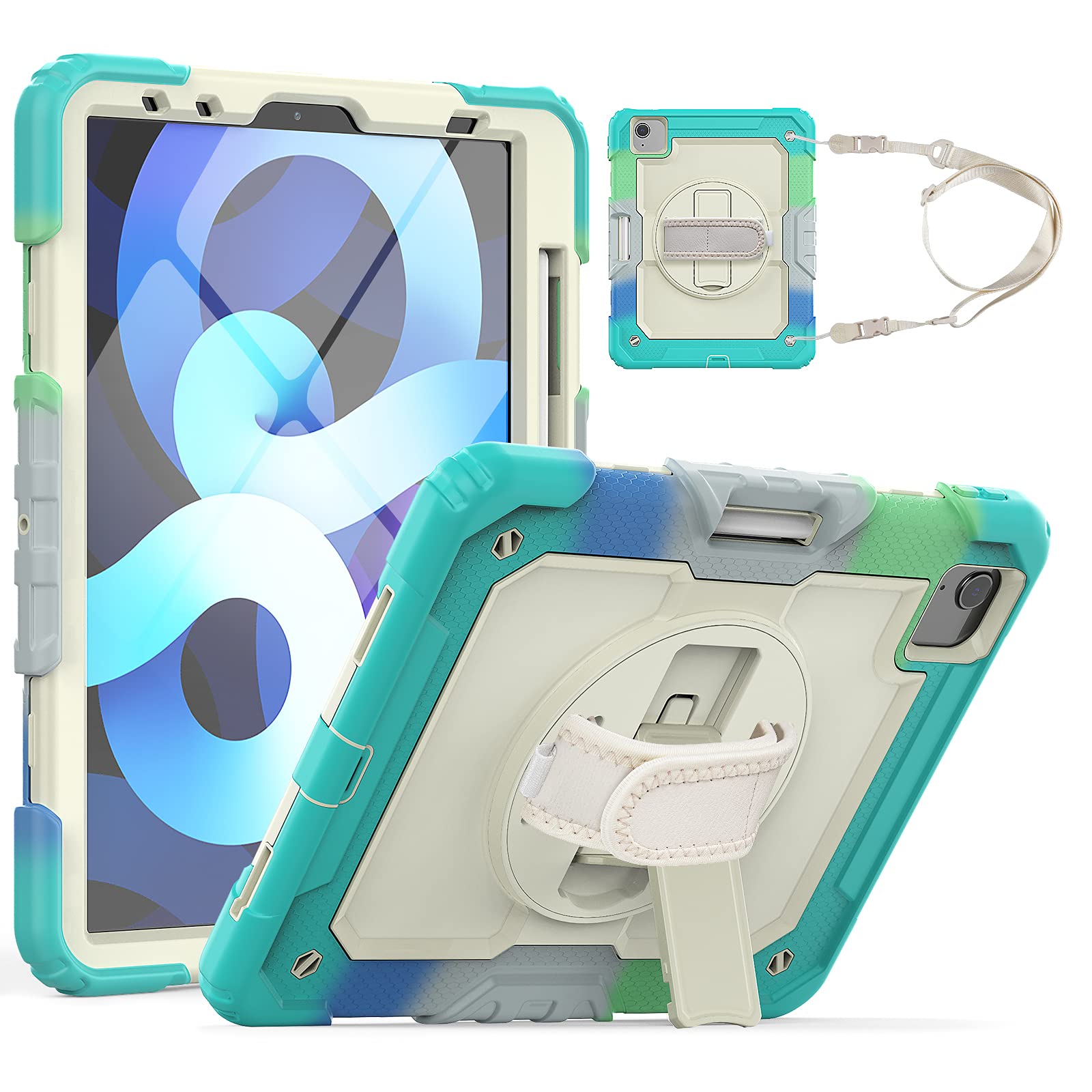 Dteck Shockproof Protective Case for iPad Air 5 (2022)/iPad Air 4 (2020)/iPad Pro 11 Inch - with Shoulder Strap, Hand Strap & Pencil Holder | Kickstand Feature | Kids-Friendly Colorful Green Design | Perfect for School, Travel & Outdoor Activities