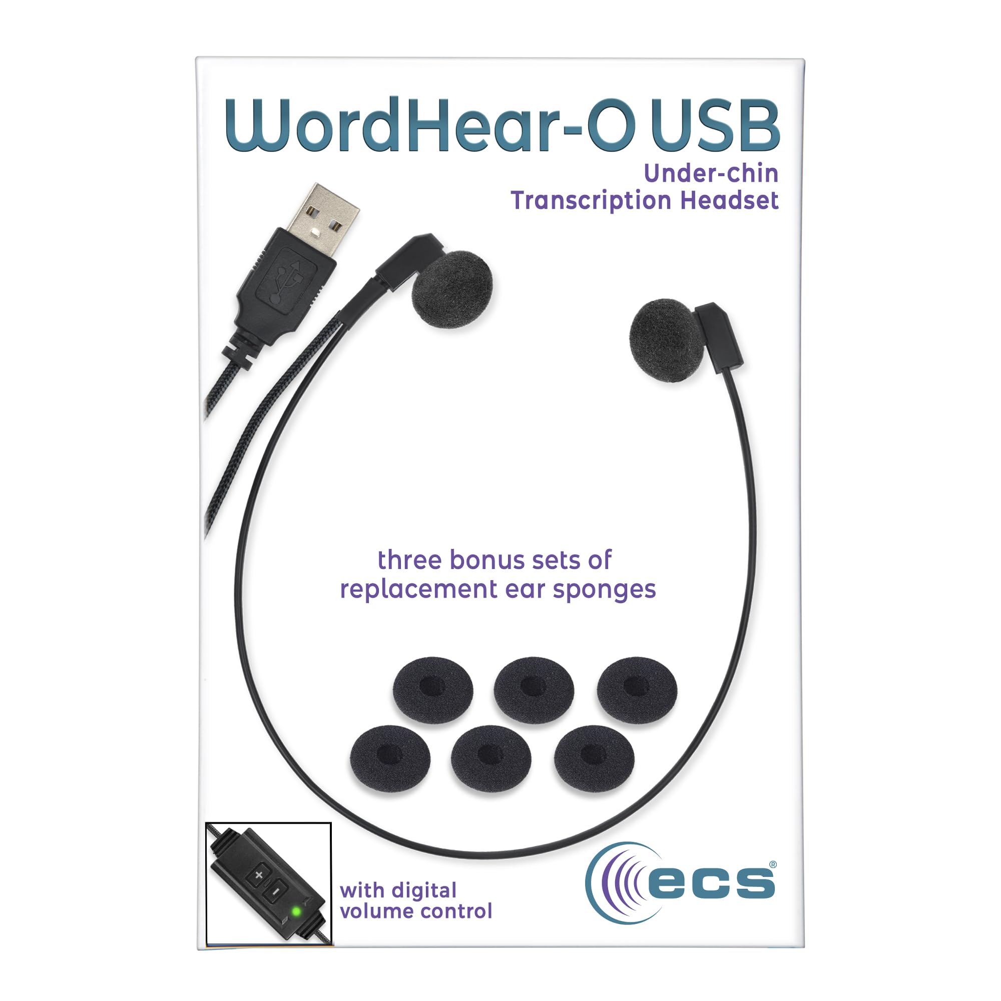 Premium ECS WordHear-O USB Transcription Headset with Built-in Sound Card & Volume Control - Under-Chin Design, 7ft Cord with Clothing Clip & 3 Extra Ear Sponges - Perfect for Computer Transcribing, Medical Dictation & Call Center Use