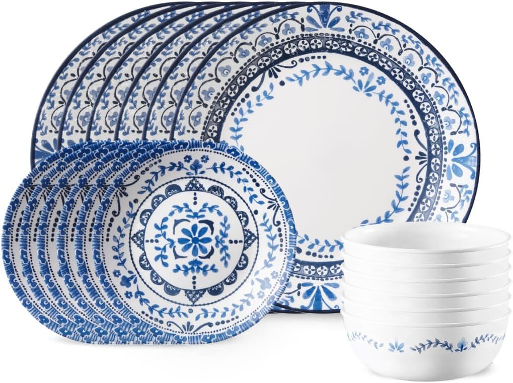Corelle Vitrelle 18-Piece Dinnerware Set for 6 - Chip Resistant Triple Layer Glass Plates & Bowls - Lightweight Round Dinner Plates Set - Portofino Pattern - Perfect for Everyday Dining, Family Gatherings & Restaurant Use