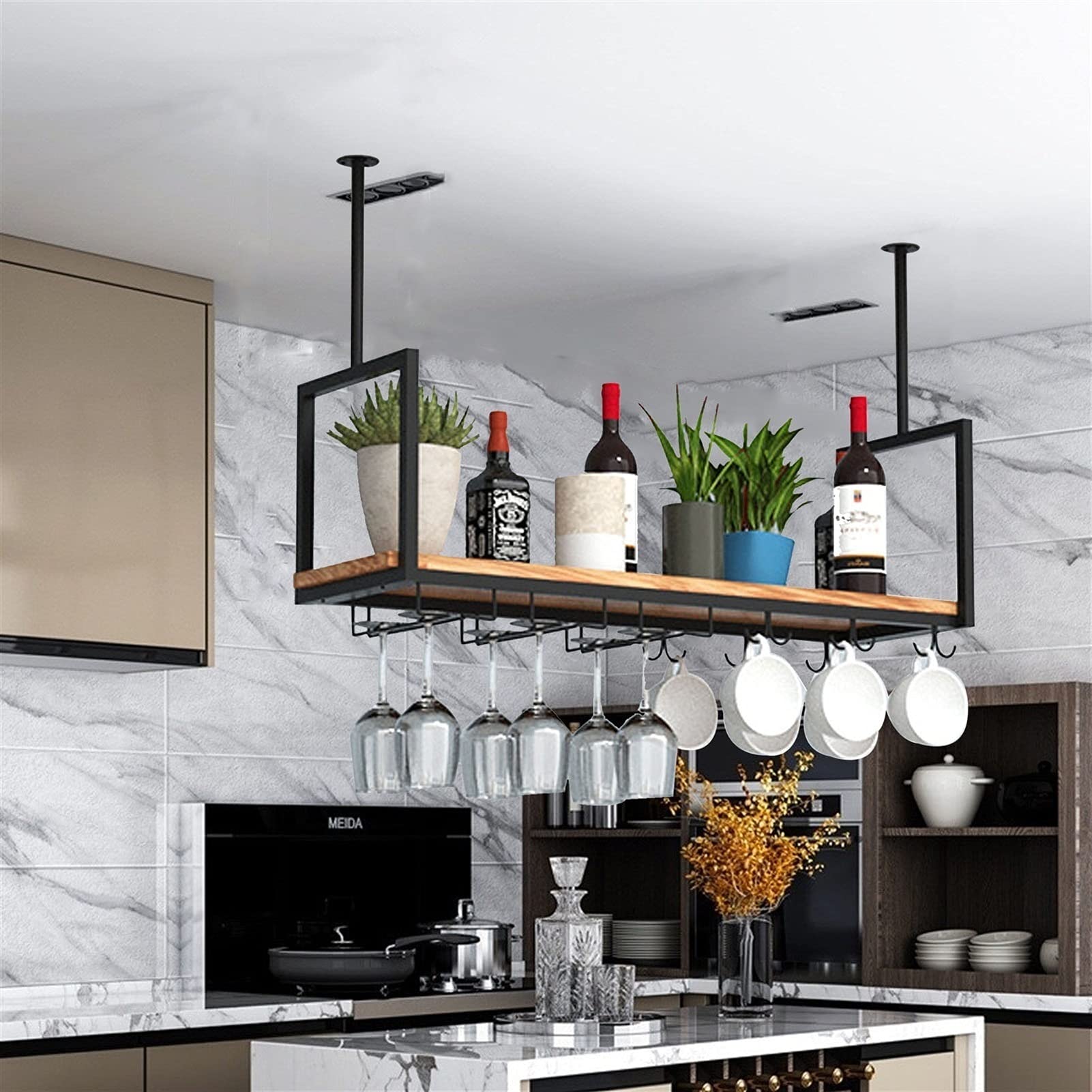 Industrial Floating Bar Shelf with 2-Tier Ceiling Wine Rack & Glass Holder - Heavy Duty Metal Storage for Wine Glasses & Home Decor (120x30x60cm) - Perfect for Kitchen, Bar, Restaurant & Modern Living Spaces