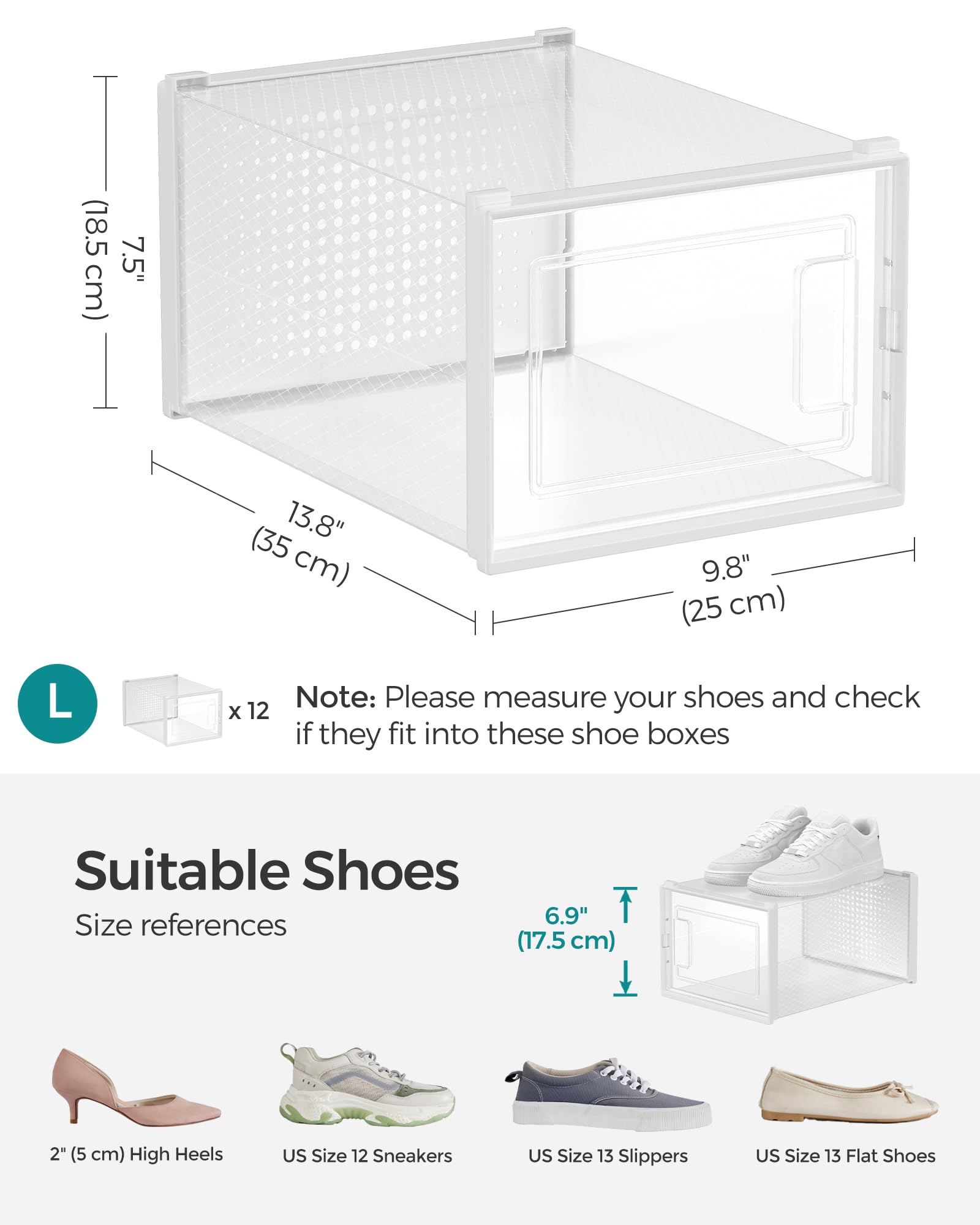 SONGMICS 12-Pack Clear Plastic Shoe Storage Boxes - Stackable Shoe Organizers for Closet, Sneakers & Boots (9.9