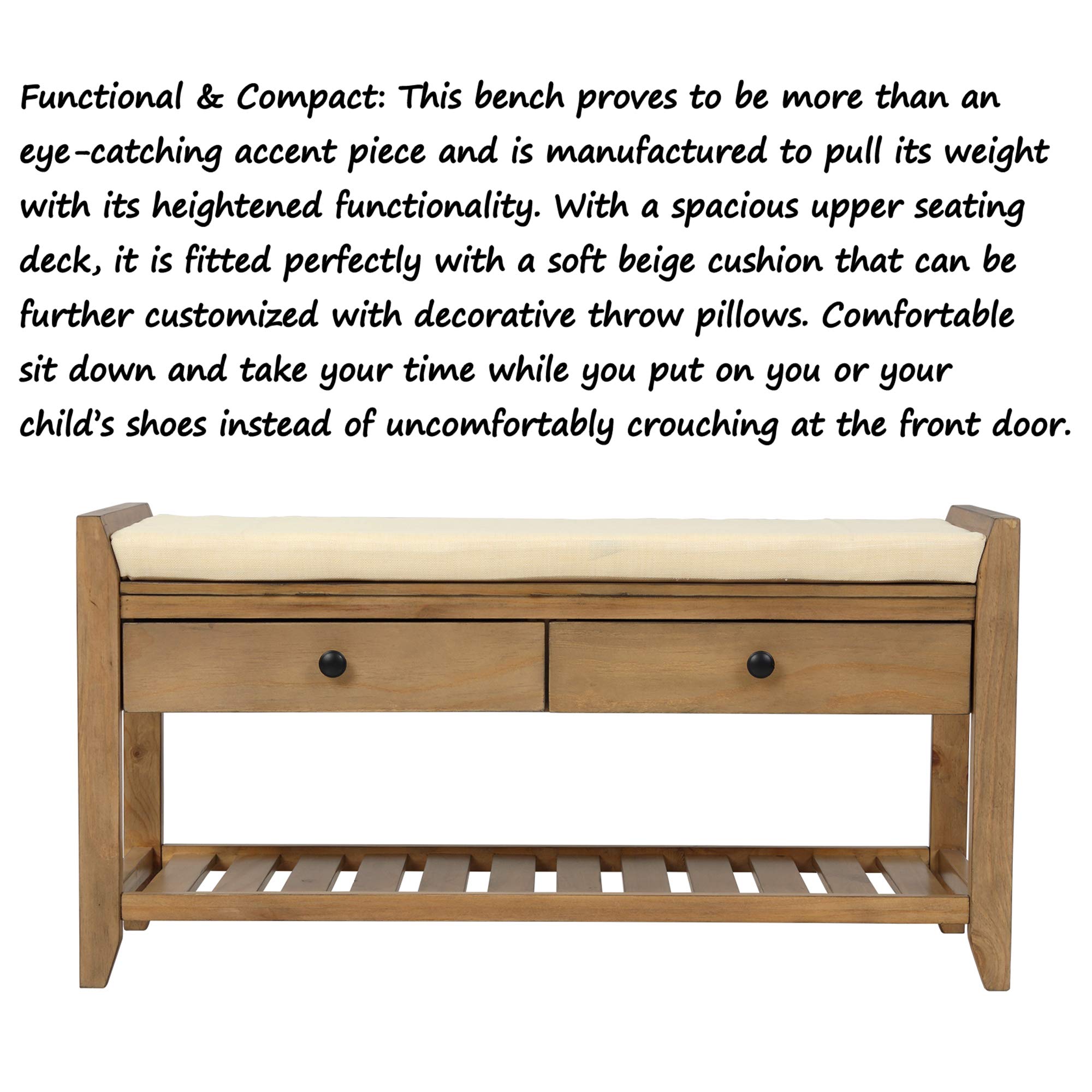 P PURLOVE Entryway Storage Bench with Cushioned Seat - Shoe Rack with 2 Drawers & Storage Shelf - Old Pine Finish - Perfect for Entryway, Mudroom, or Bedroom Organization