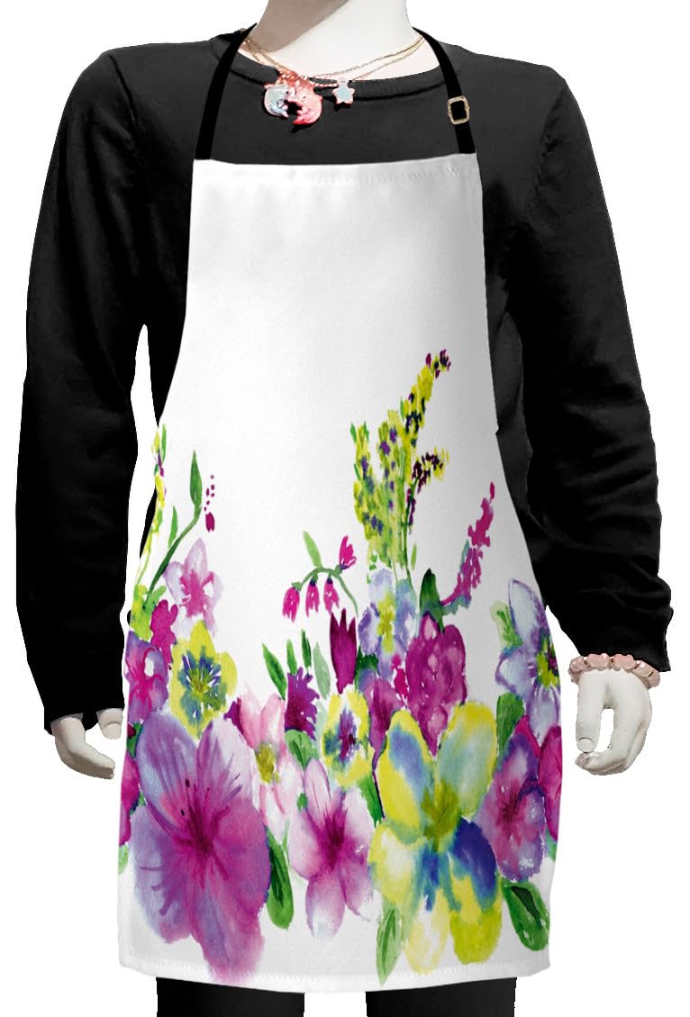Ambesonne Watercolor Flower Apron - Adjustable Small Bib Apron for Baking, Painting & Cooking - Pink & Green Abstract Floral Design - Perfect for Kitchen, Art Studio & DIY Projects