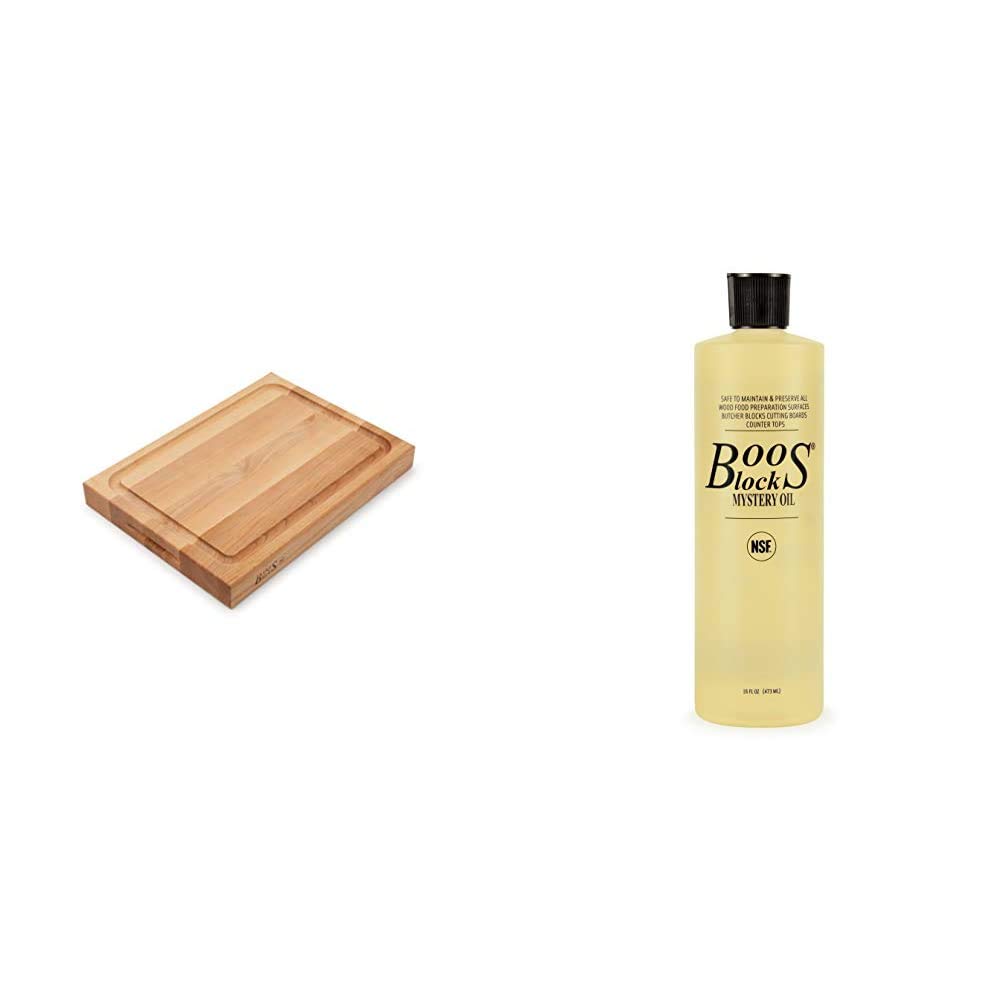 Premium John Boos RA02-GRV Maple Wood Edge Grain Reversible Cutting Board 20x15x2.25 Inches with Juice Groove & Mystery Butcher Block Oil 16oz - Perfect for Kitchen Prep, Meat Carving, and Entertaining