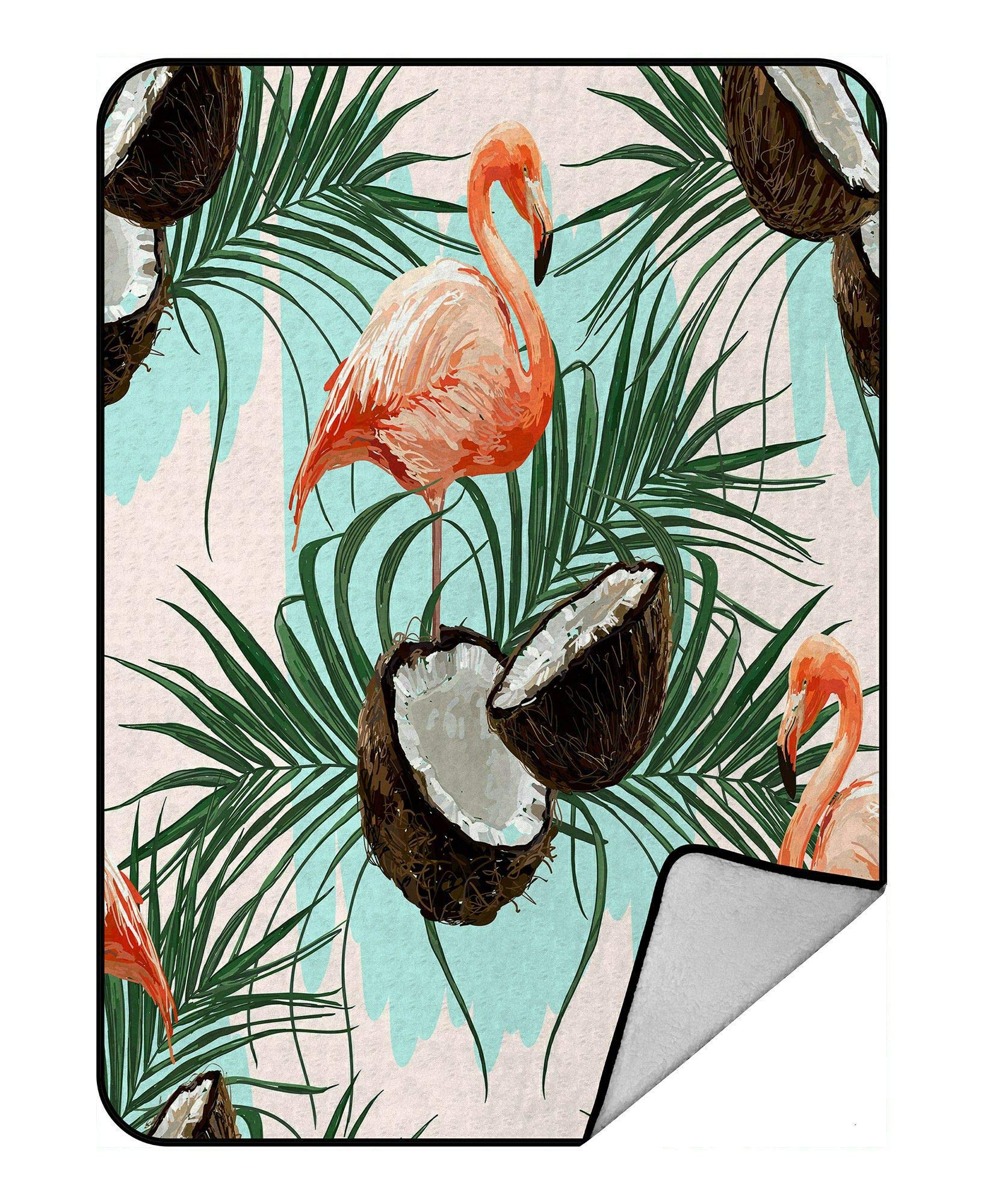 Soft Flamingo Print Fleece Blanket - 58x80 Inch Cozy Plush Throw with Coconut Palm Leaves Design for Bed, Couch & Outdoor Use
