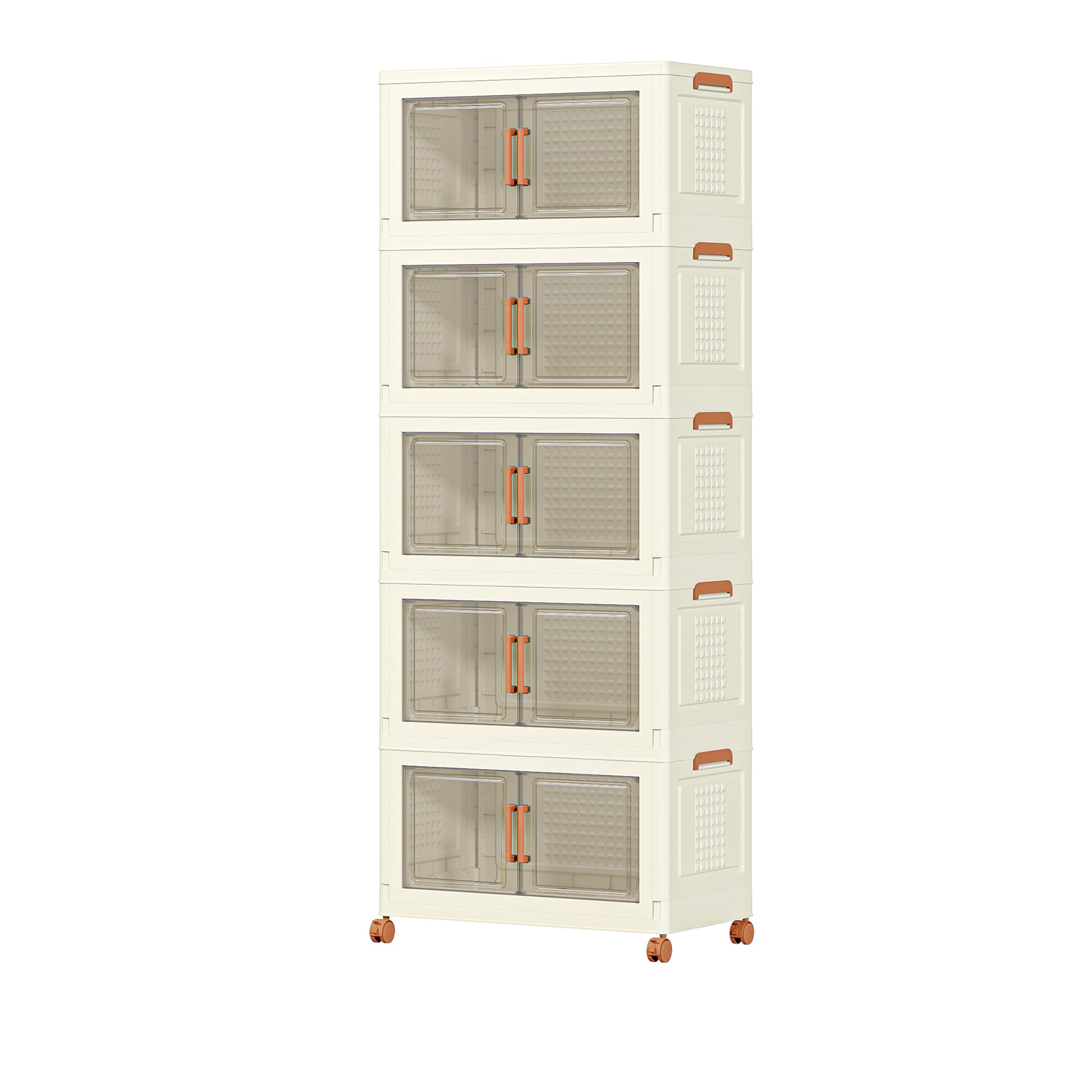 132 QT Stackable Storage Bins with Lids & Wheels - 5-Tier Collapsible Plastic Storage Containers with Magnetic Doors - Foldable Organizer Boxes for Home, Pantry, Office, Dorm - Perfect for Closet Organization & Garage Storage