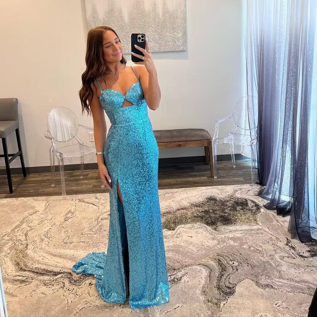 Elegant Blue Sequin Sheath Long Prom Dress with High Slit - Perfect for Homecoming, Evening Gala & Formal Events - Style J2882