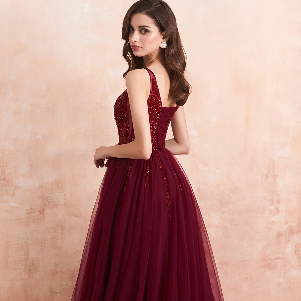 Elegant Sexy Dark Burgundy V-Neck Crystal Beaded Formal Prom Gown for Women - Perfect for Evening Parties, Weddings & Special Occasions