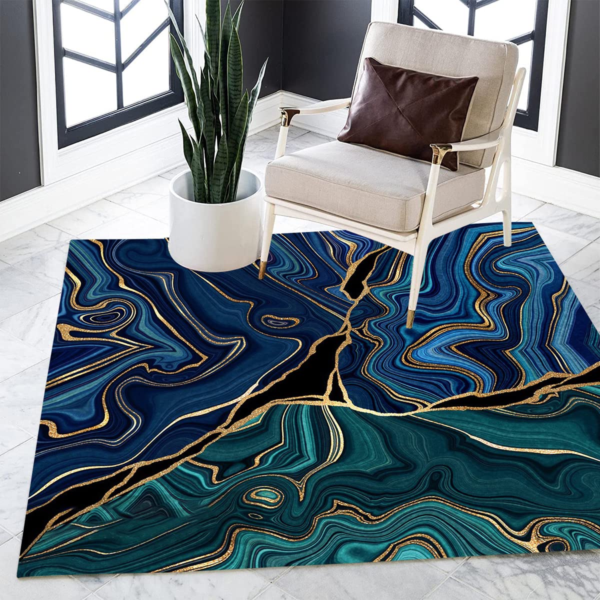 5x5 Square Area Rugs - Blue Gold Green Marble Abstract Modern Carpet for Living Room, Bedroom & Dining Room - Washable Soft Retro Accent Rug - Perfect for Under Table, Kitchen, Laundry & Bathroom Floor Mats