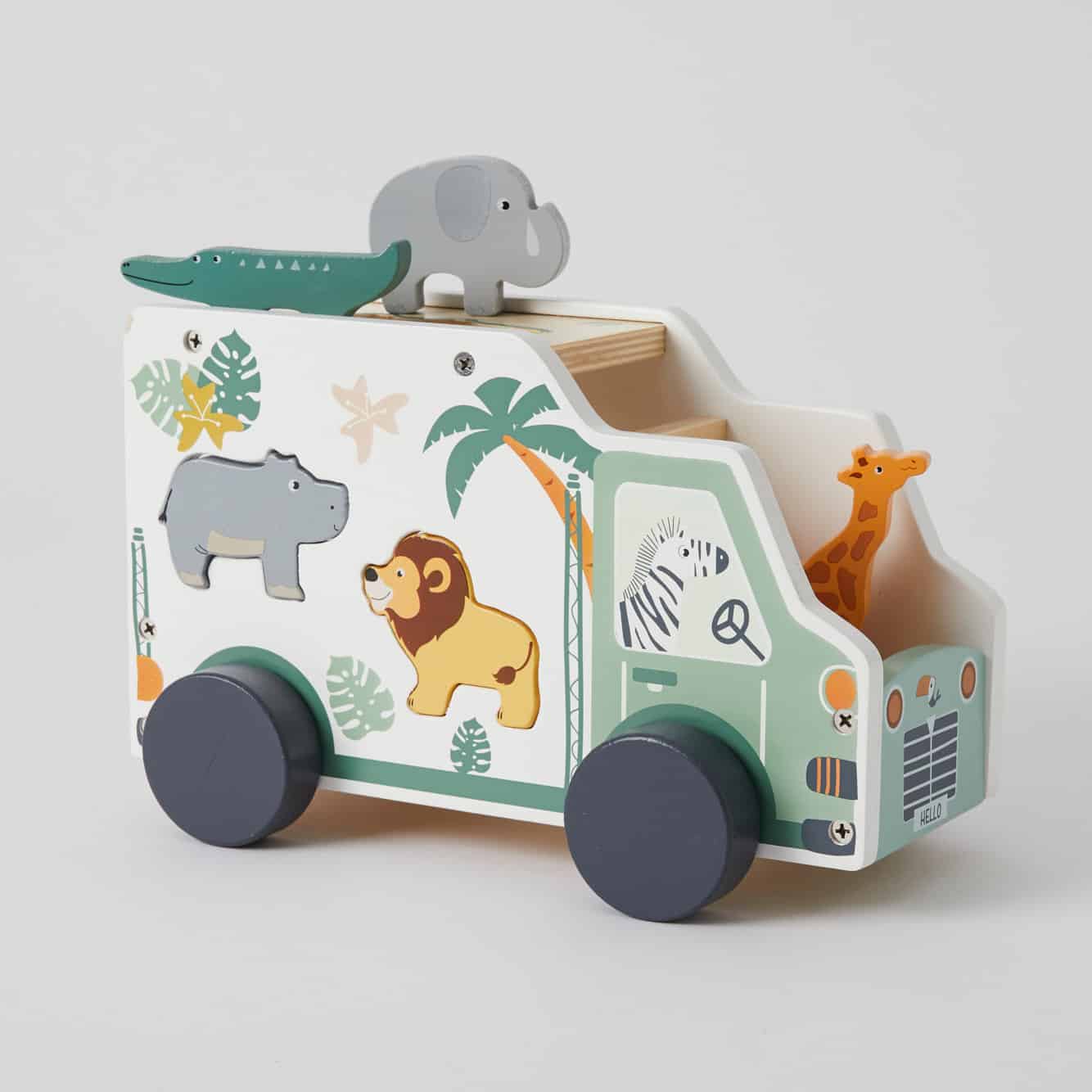 Wooden Jungle Animals Safari Truck Toy Set - 12-Piece Wild Animal Figurines with Pull-Back Truck for Kids - Perfect for Safari-Themed Playtime, Birthday Gifts & Preschool Learning Activities