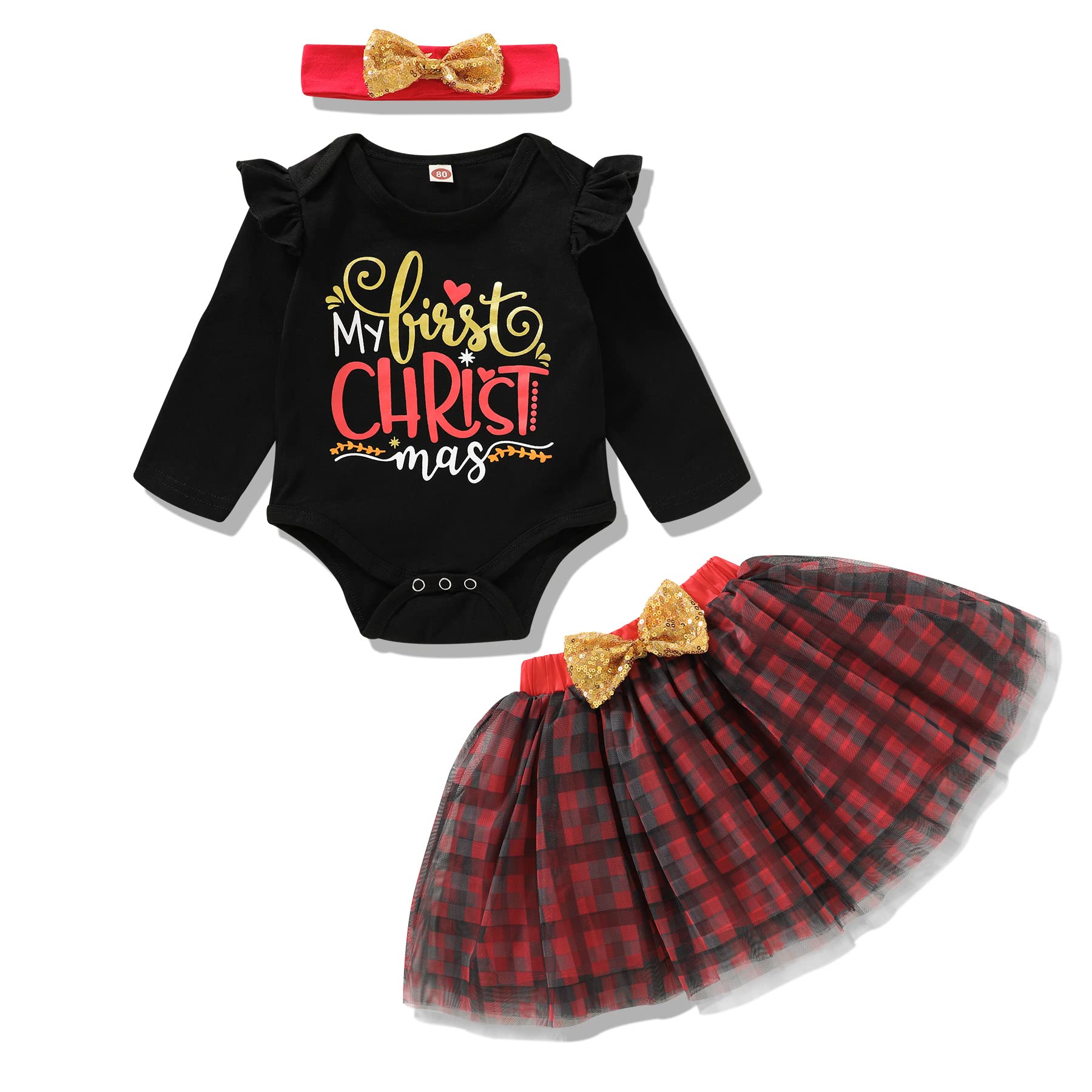 My 1st Christmas Outfit for Baby Girls - Long Sleeve Romper with Sequin Bow & Tulle Tutu Skirt Set - Holiday Photo Shoot, Family Gathering, Christmas Party Dress Up
