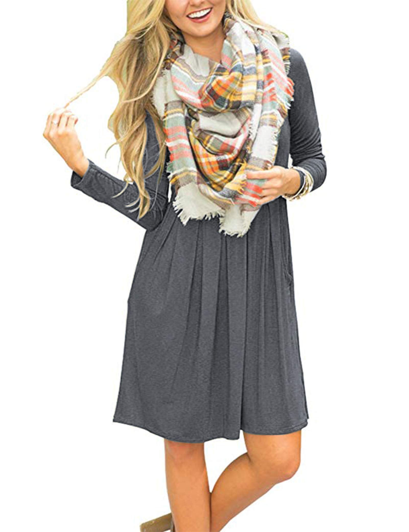 AUSELILY Women's Long Sleeve Pleated Swing Dress - Loose Casual Knee Length Dress with Pockets | 2025 New Collection | Perfect for Work, Date Night & Fall Outfits